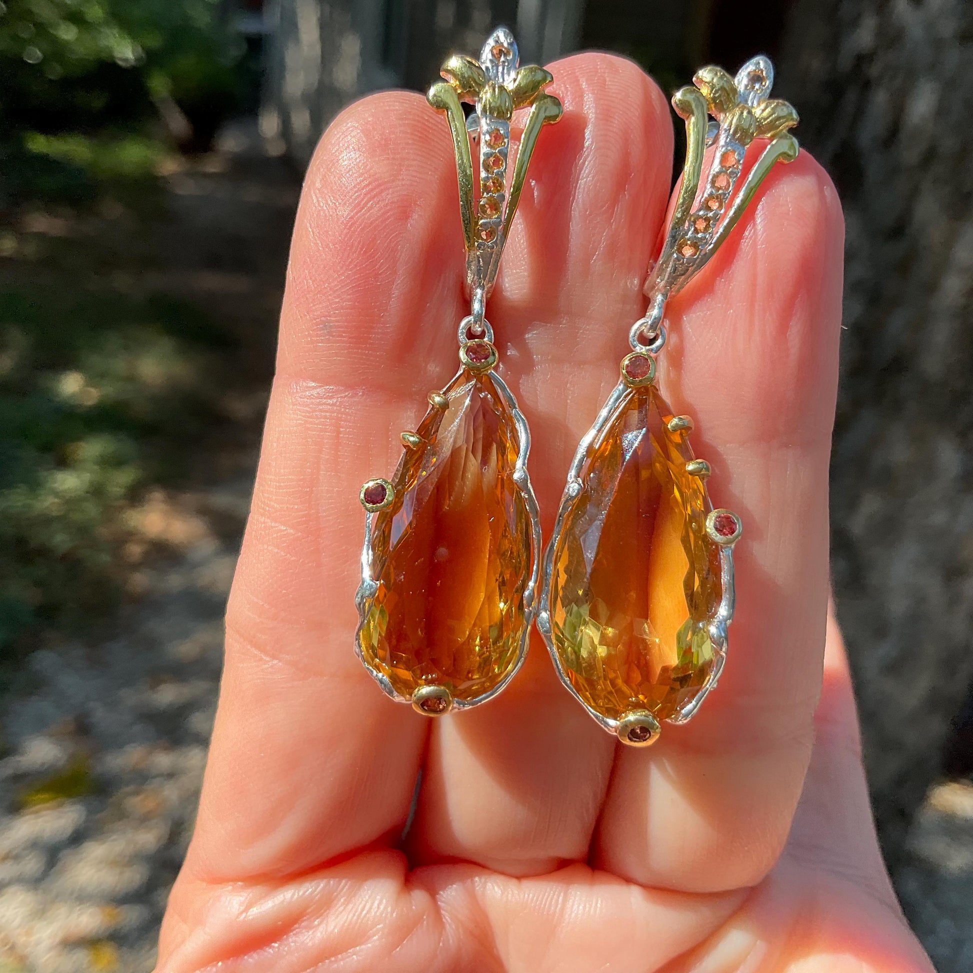 Sterling silver pear shape citrine rhodolite dangle fancy earrings Colors Of Etnika