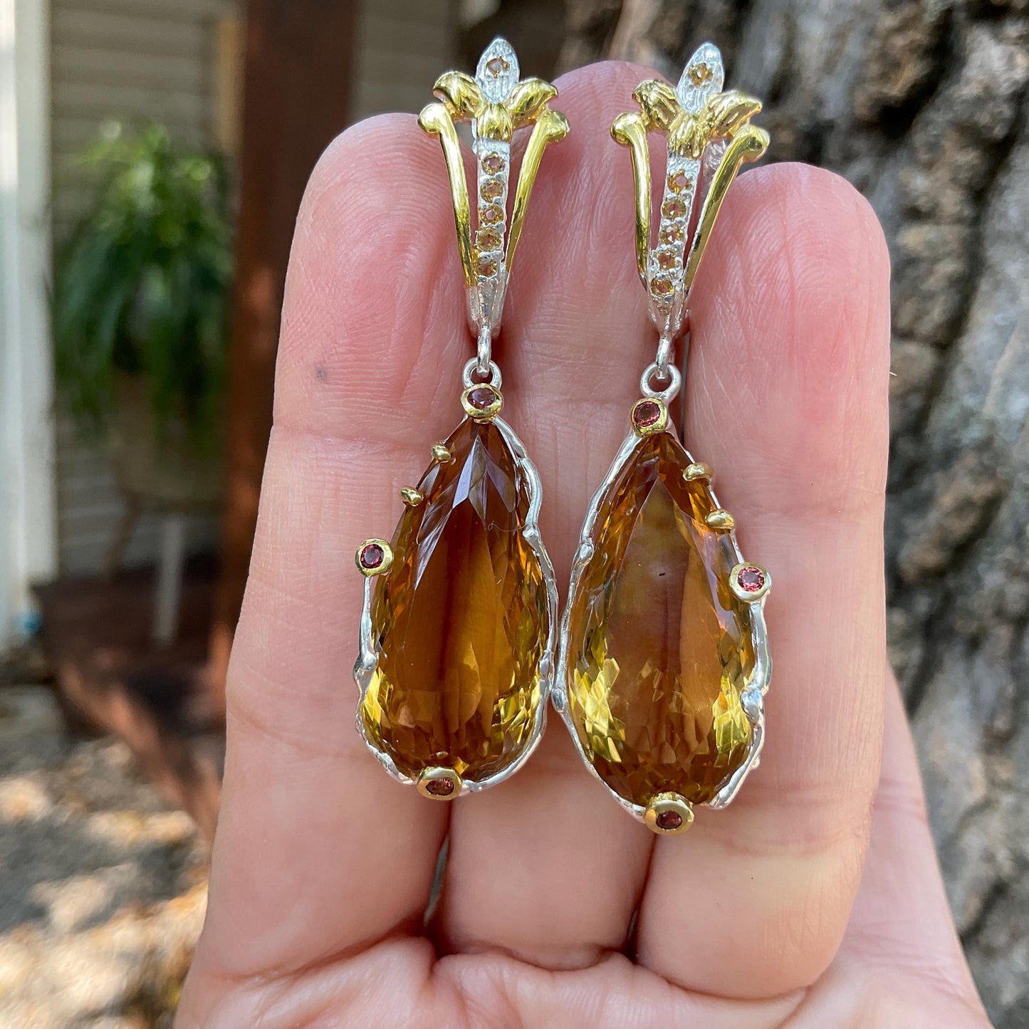 Sterling silver pear shape citrine rhodolite dangle fancy earrings Colors Of Etnika