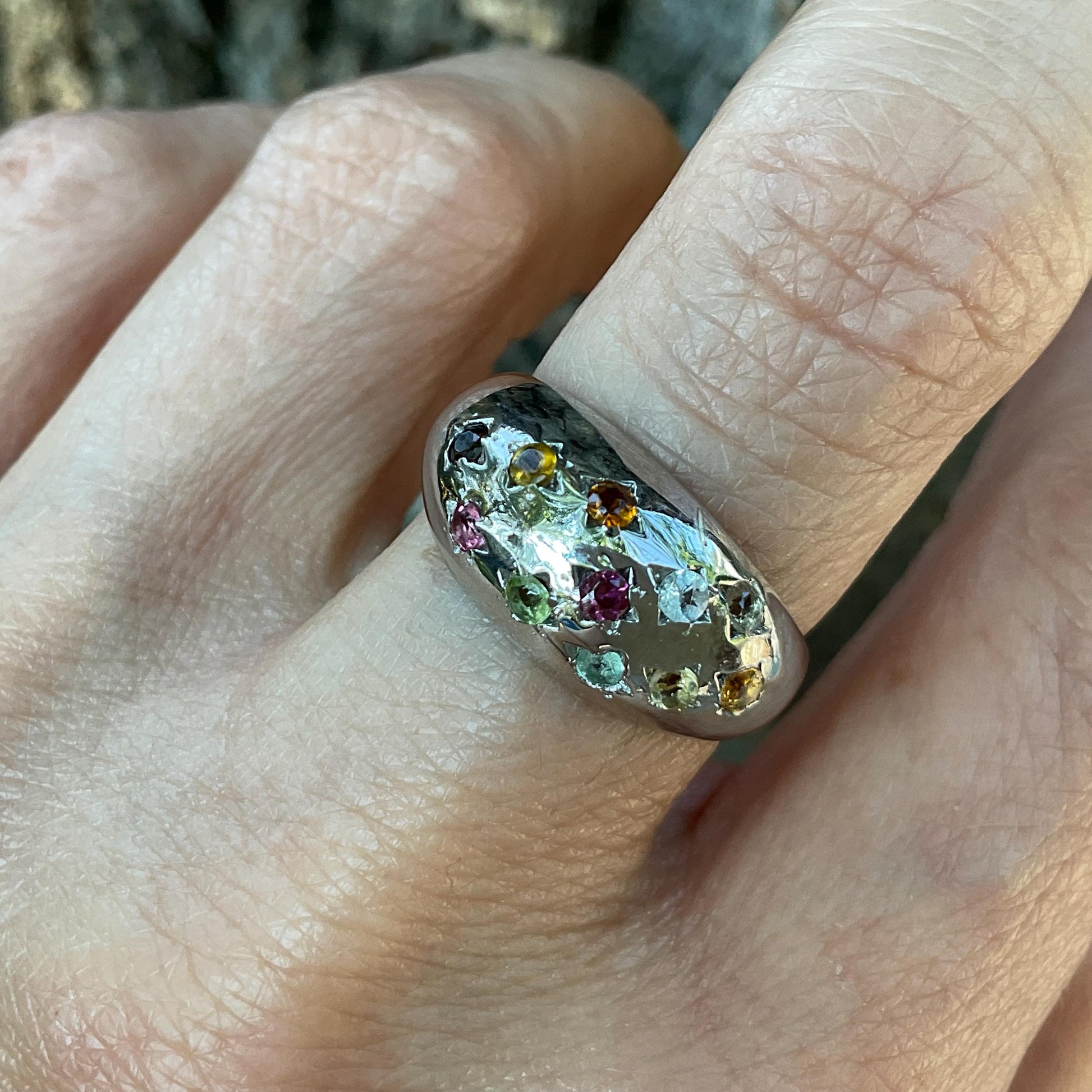 Handmade Sterling Natural tourmaline multi color Band ring 7 Colors Of Etnika