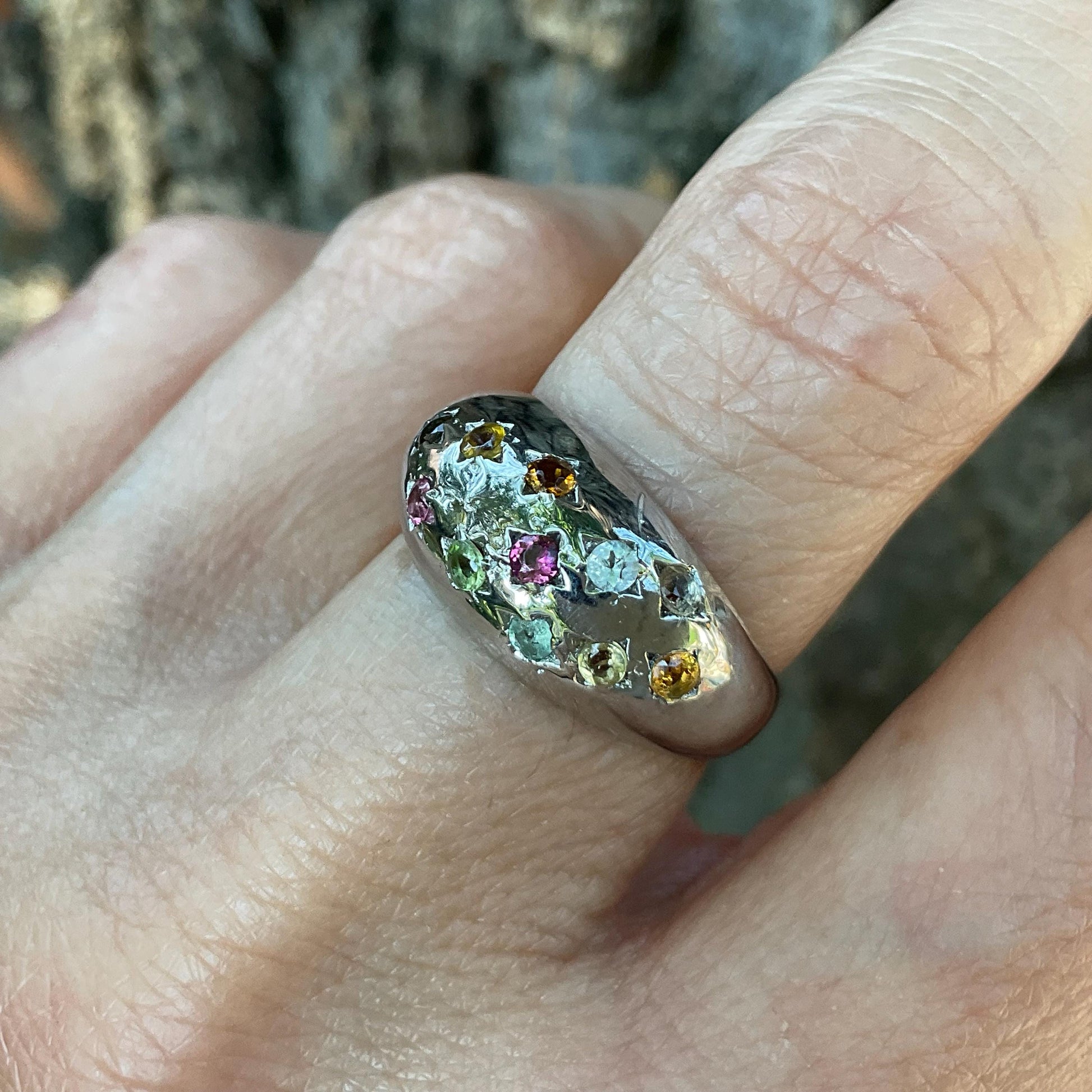 Handmade Sterling Natural tourmaline multi color Band ring 7 Colors Of Etnika