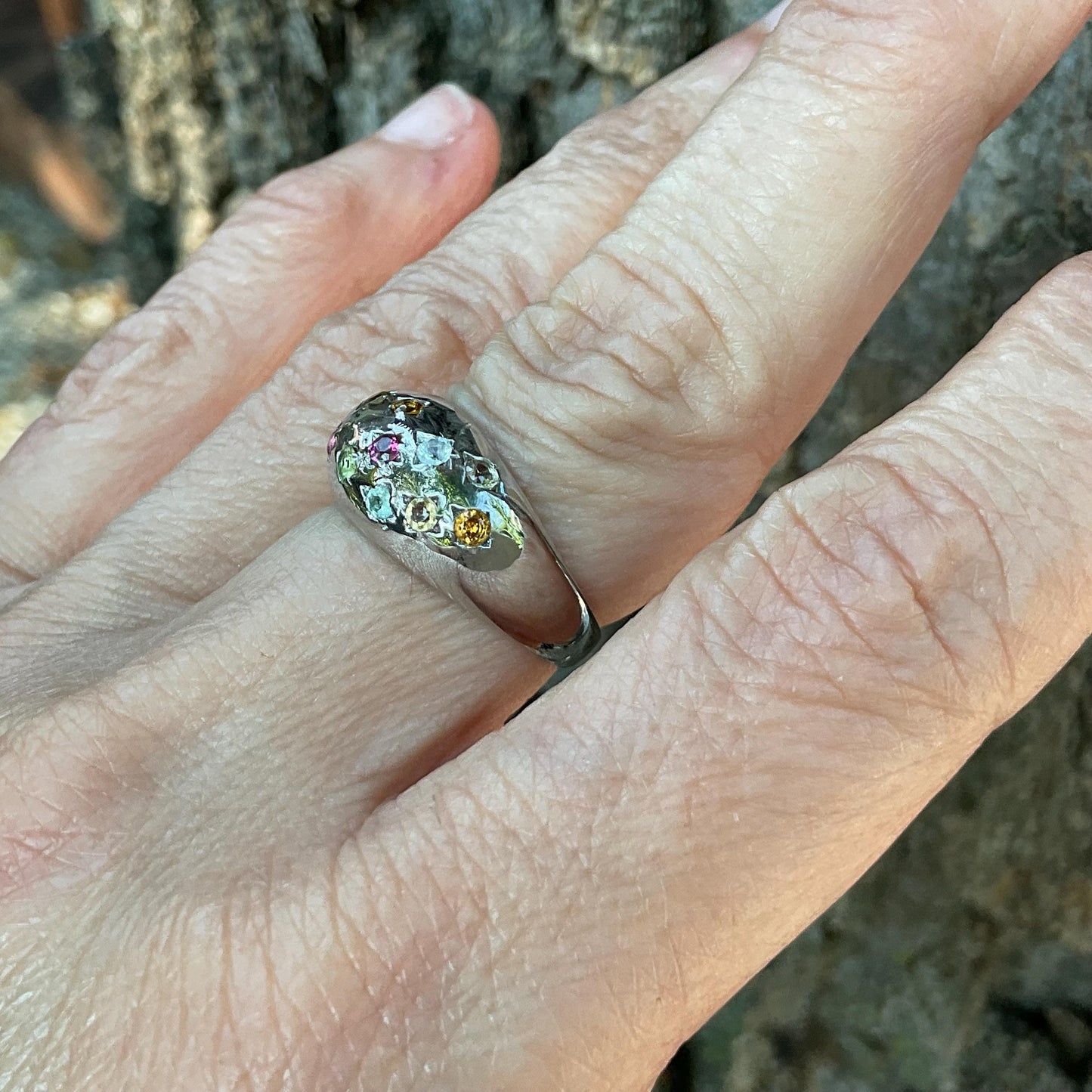 Handmade Sterling Natural tourmaline multi color Band ring 7 Colors Of Etnika