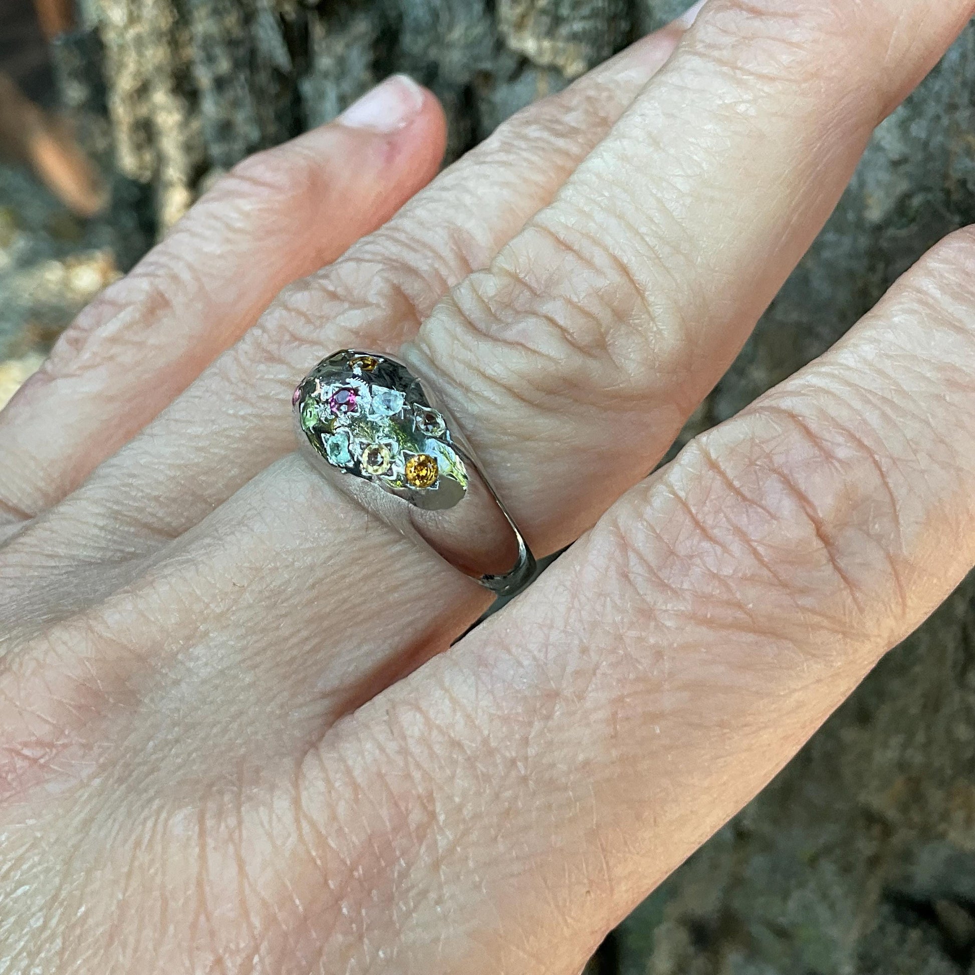Handmade Sterling Natural tourmaline multi color Band ring 7 Colors Of Etnika