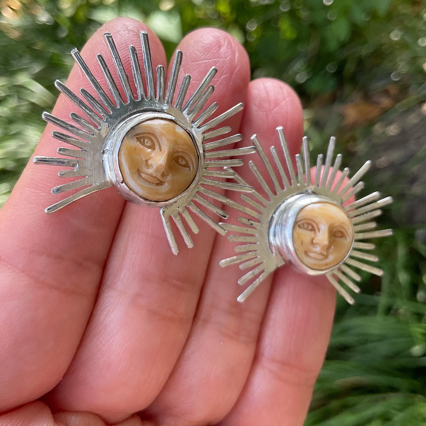 Sterling Silver carved sunburst face post earrings Colors Of Etnika