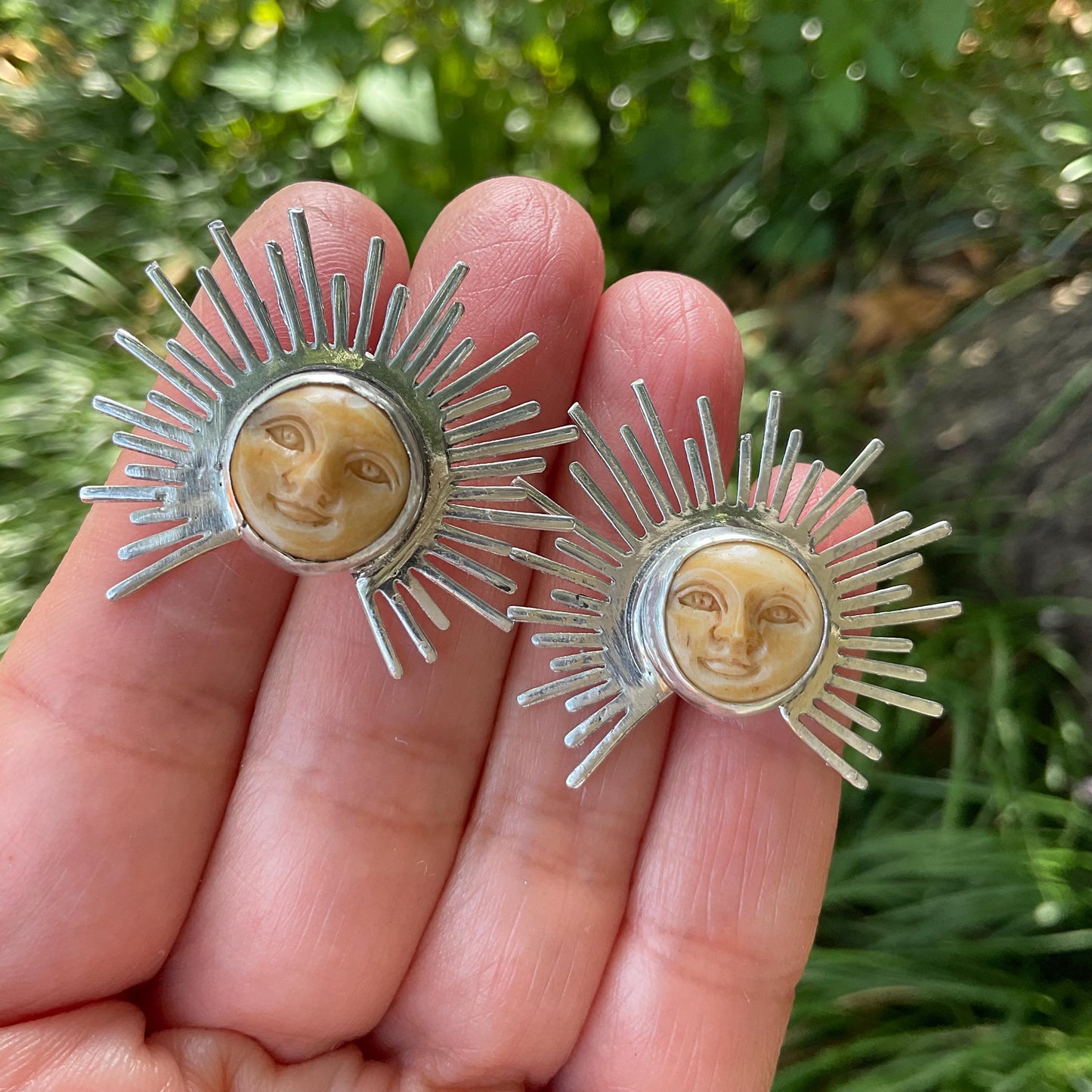 Sterling Silver carved sunburst face post earrings Colors Of Etnika
