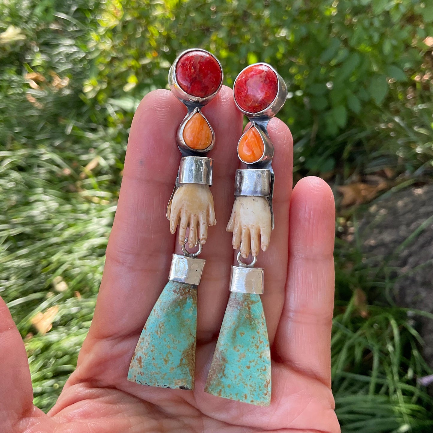 Sterling Silver turquoise spiny coral whimsical hand dangle earrings Colors Of Etnika
