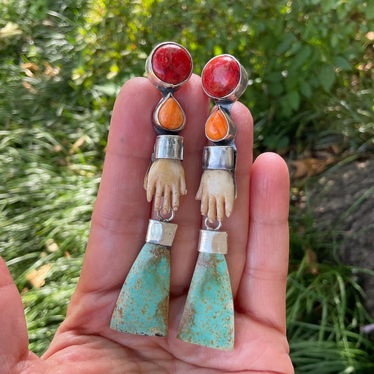 Sterling Silver turquoise spiny coral whimsical hand dangle earrings Colors Of Etnika