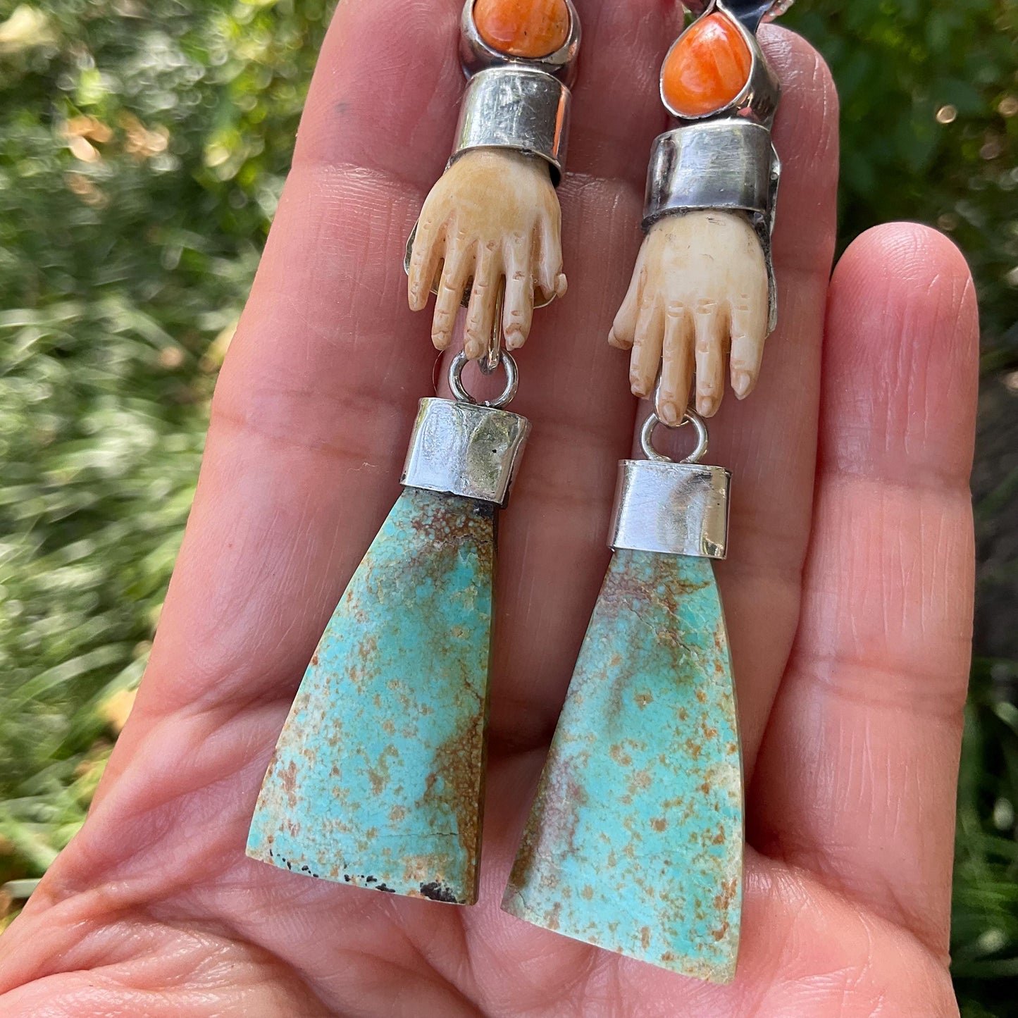 Sterling Silver turquoise spiny coral whimsical hand dangle earrings Colors Of Etnika