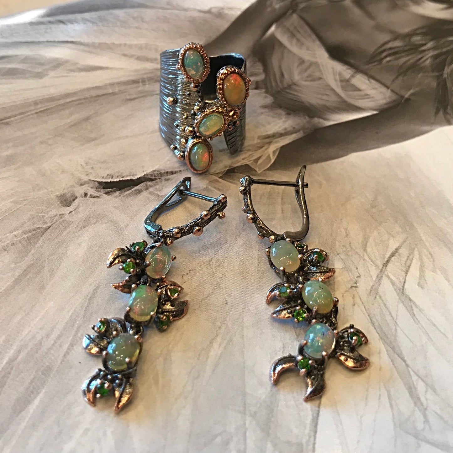 Sterling Silver Natural  Opal Long Artisan Gemstone  Earrings Jewelry