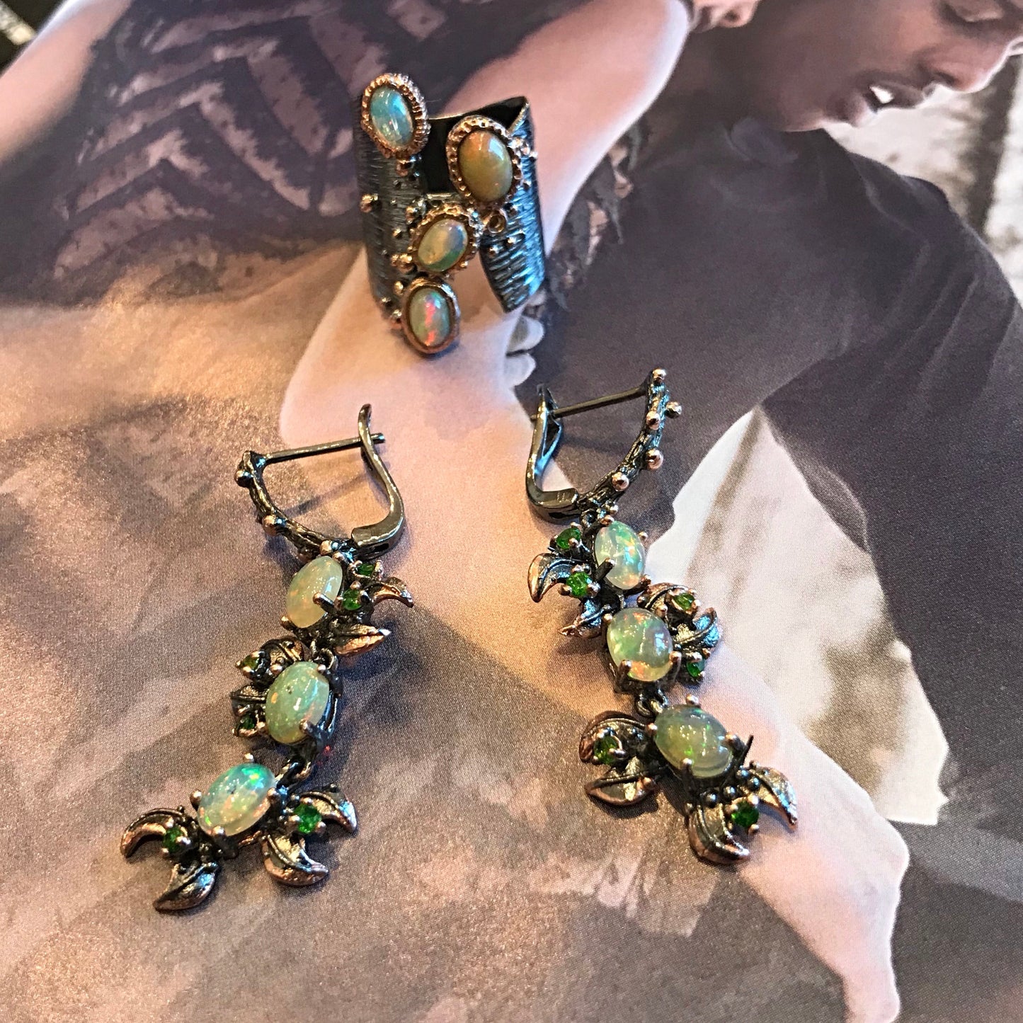 Sterling Silver Natural  Opal Long Artisan Gemstone  Earrings Jewelry