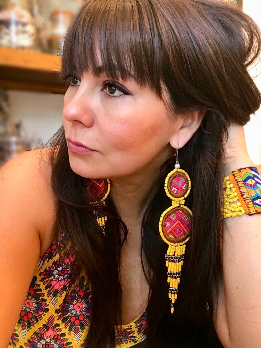 XL long hand stitched ceramic artisan bohemian handmade  Earrings Jewelry Black Color