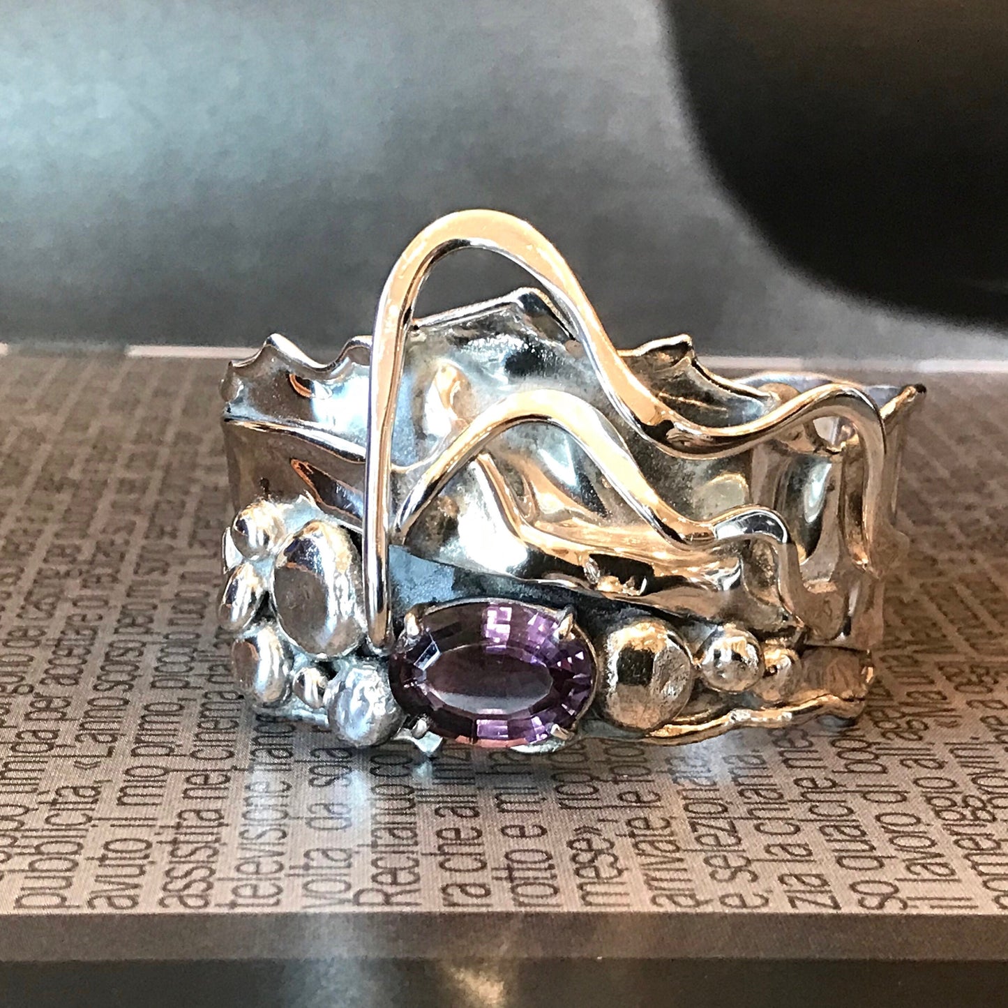 925 sterling silver abstract modernist wide bracelet cuff with amethyst