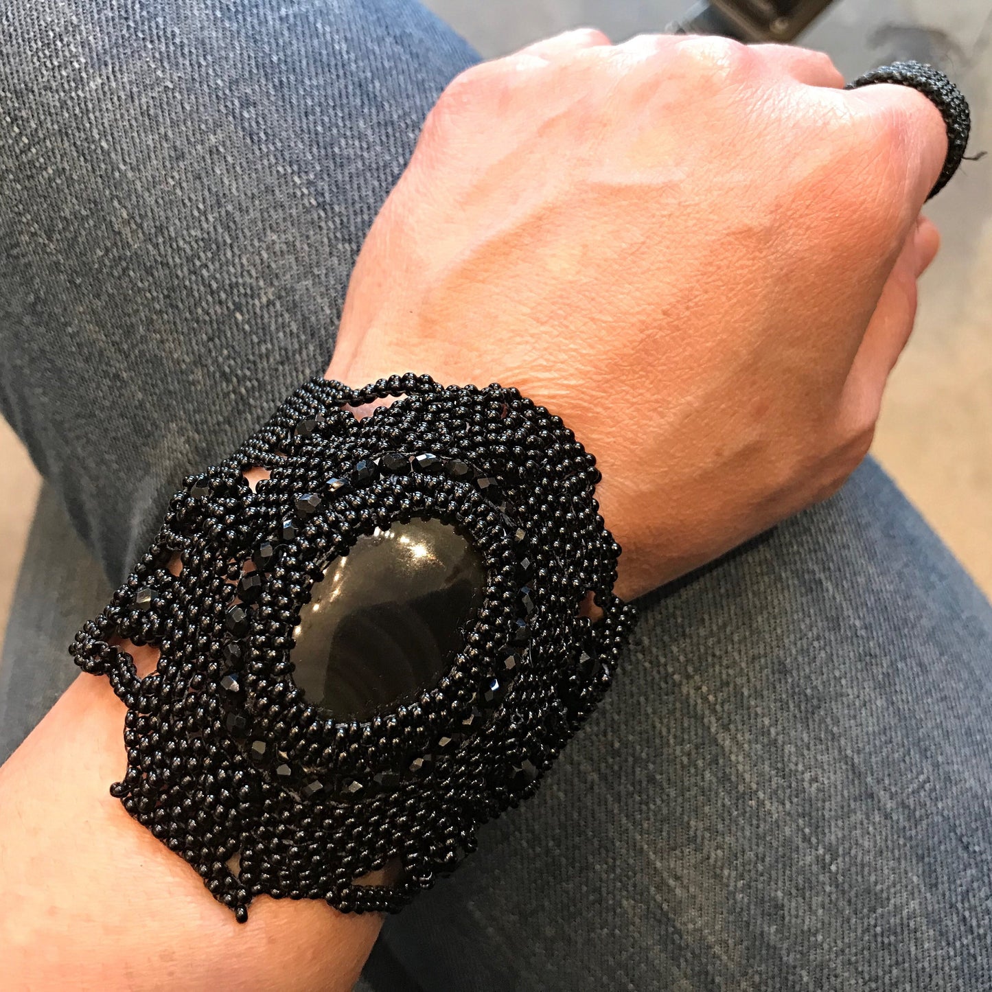 Handmade  Bead Beaded Cuff bracelet Statement Obsidian