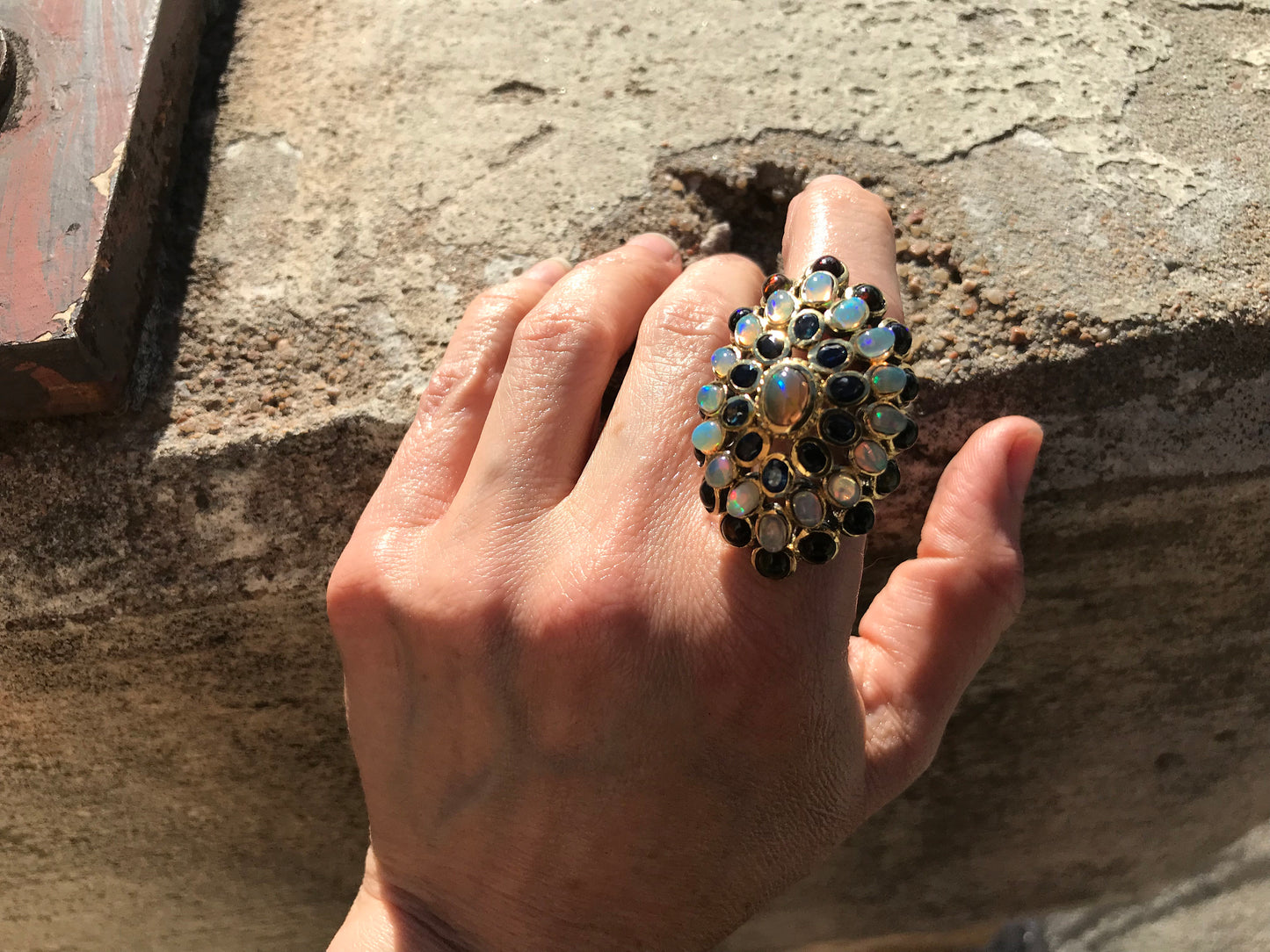 Handmade Sterling Silver Gold Rainbow Fire Natural Opal blue topaz Art Deco Huge statement artisan ring 6.5