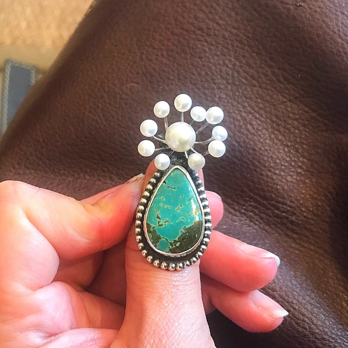 Handmade Sterling Silver Adjustable Genuine Turquoise Pearl Statement Ring