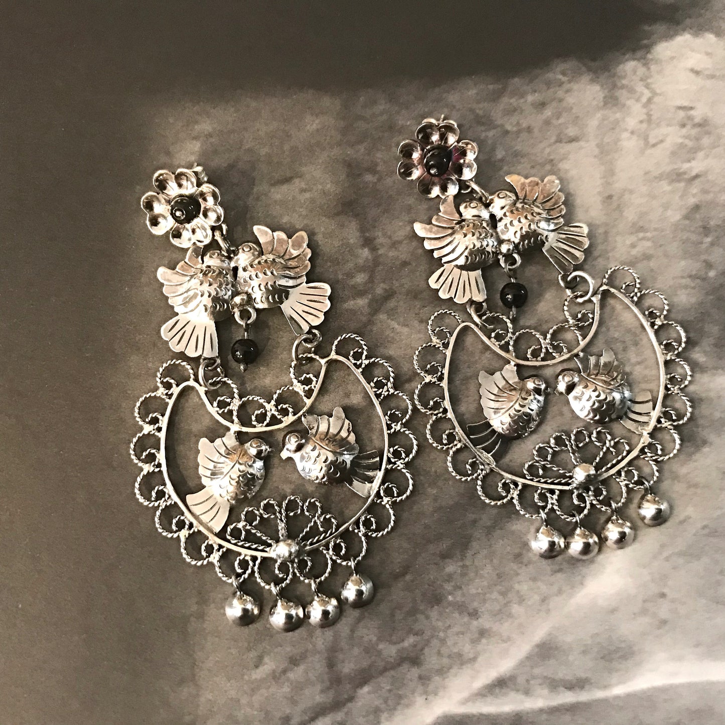 Artisan  Handmade Sterling Silver Love bird  filigree black onyx   statement  bohemian  earrings