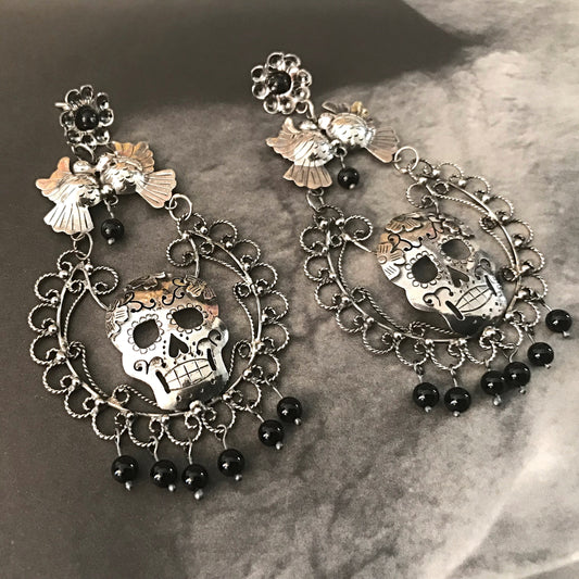 sterling silver Black Onyx Skull Katrina Filigree long Statement Earrings Artisan Handmade Frida Kahlo Love birds