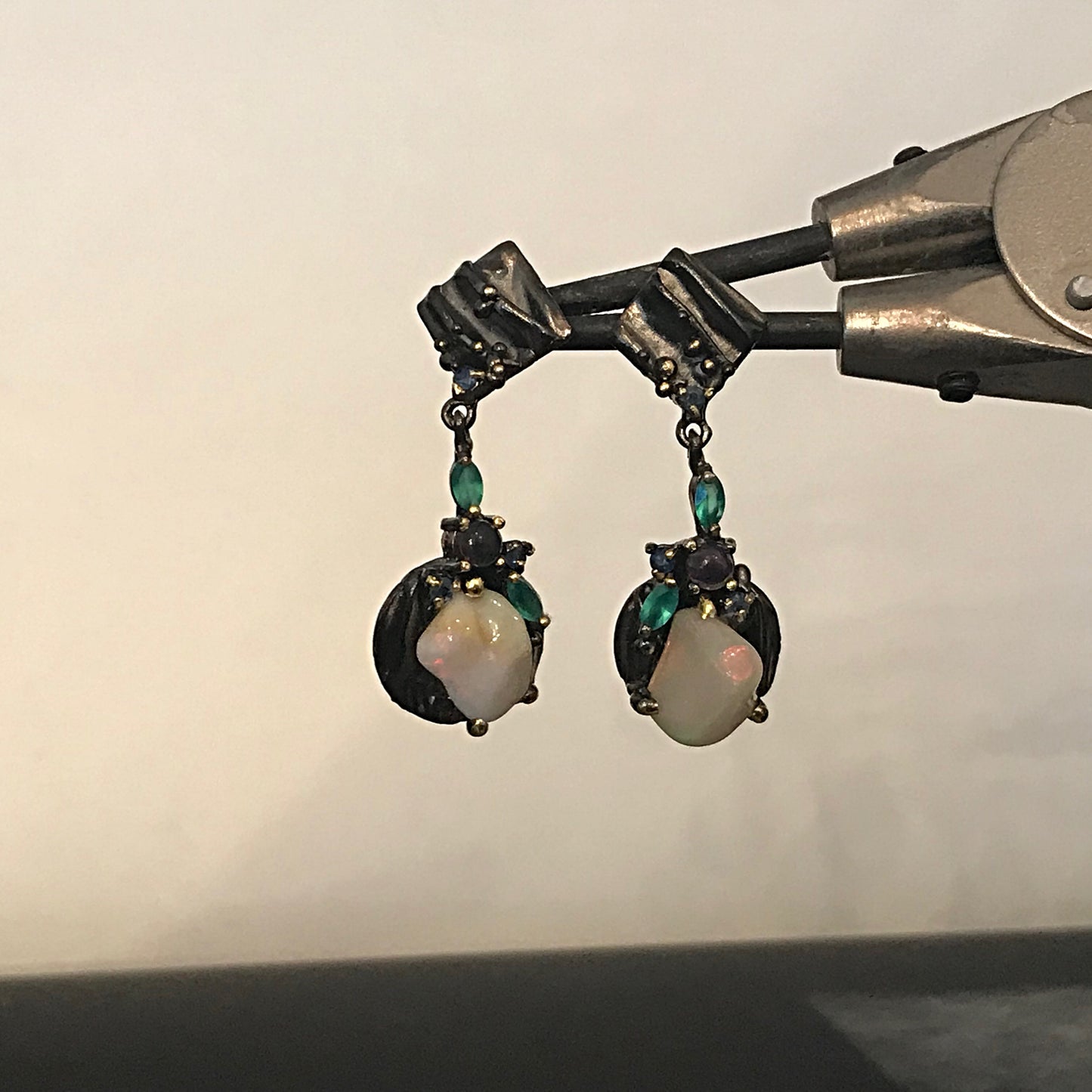 Sterling Silver Natural fire black  Opal amethyst chrome diopside dangle Gemstone  Earrings Jewelry