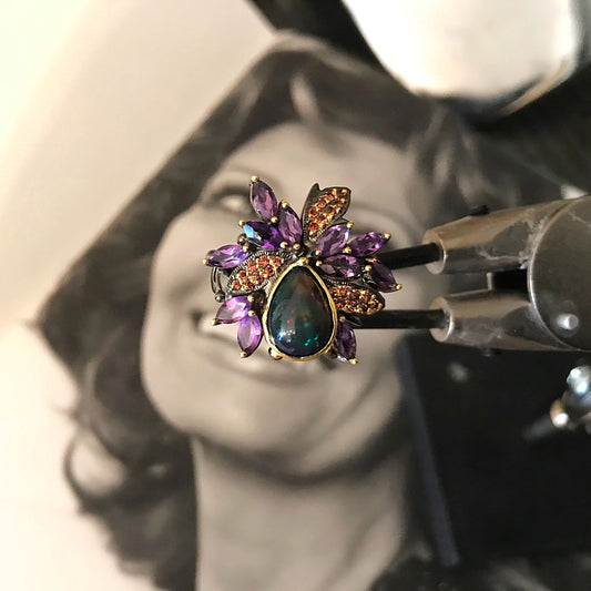 Handmade Sterling Silver Amethyst Statement Black Fire Artist gold Rhodium plate opal flower ring 7.5