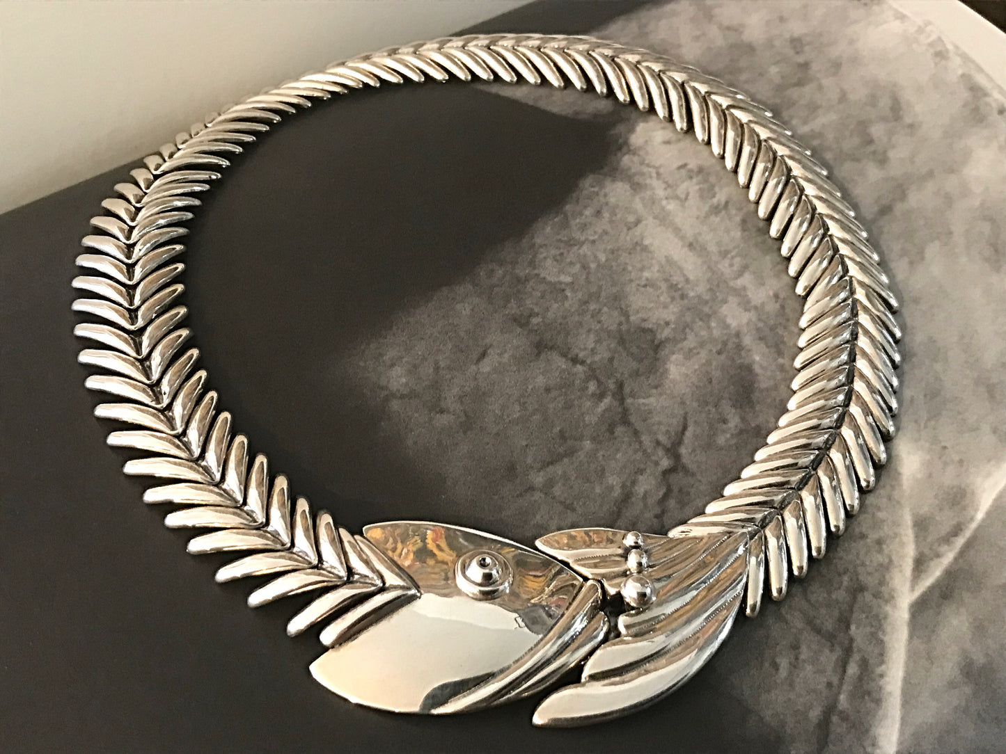 Sterling silver statement fish necklace handmade  Modernist necklace collar.