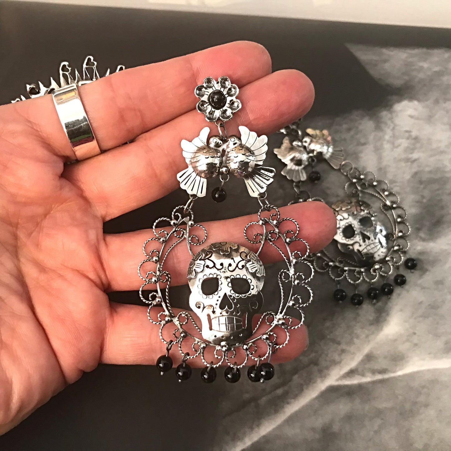 sterling silver Black Onyx Skull Statement Earrings