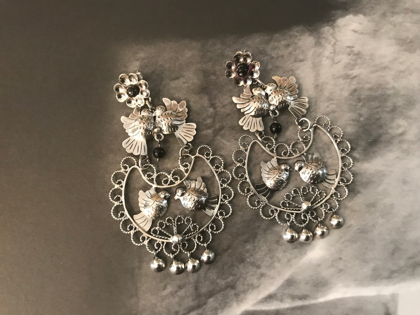 Artisan  Handmade Sterling Silver Love bird  filigree black onyx   statement  bohemian  earrings