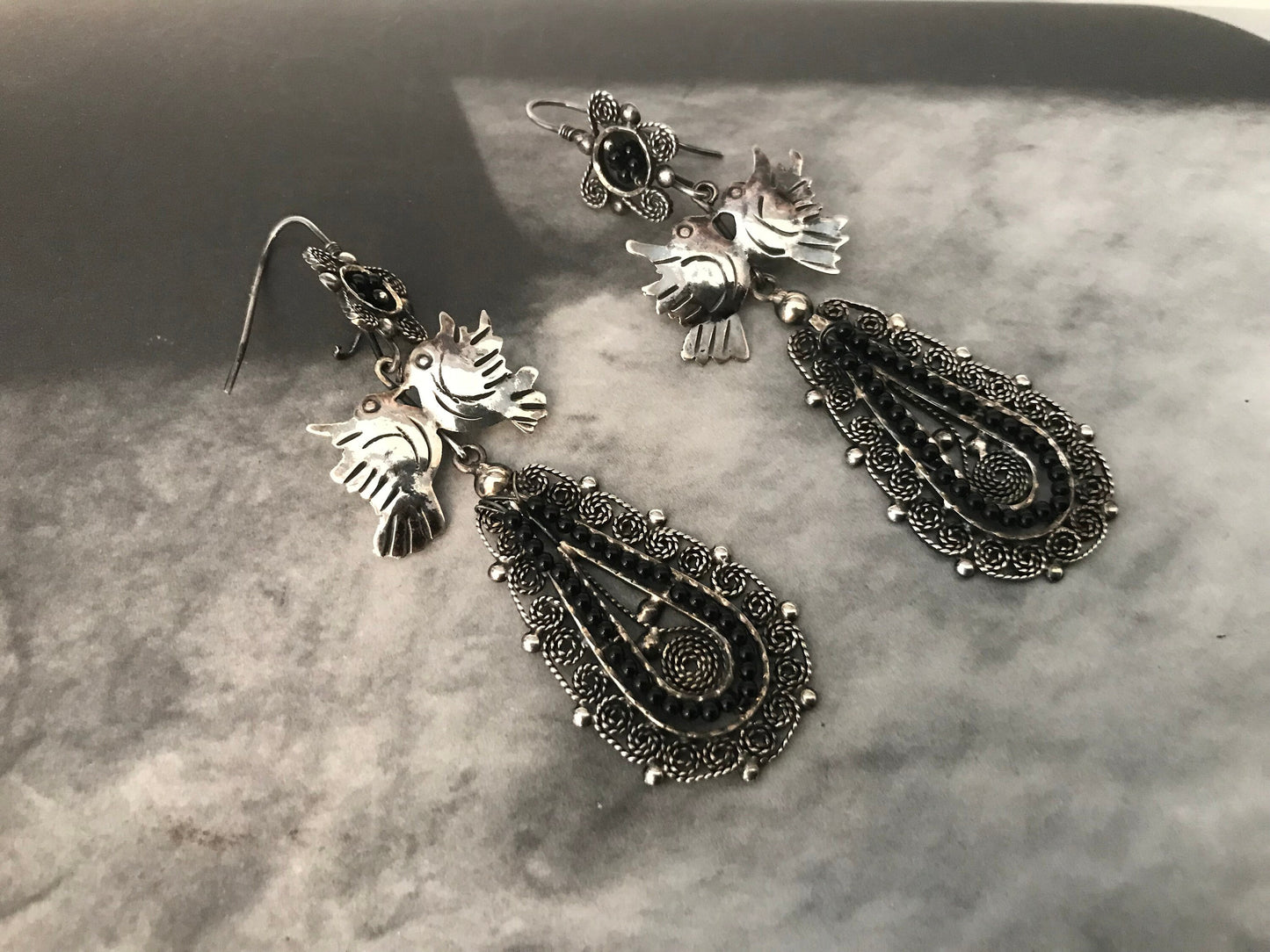 Sterling Silver Love birds black onyx filigree bohemian earrings