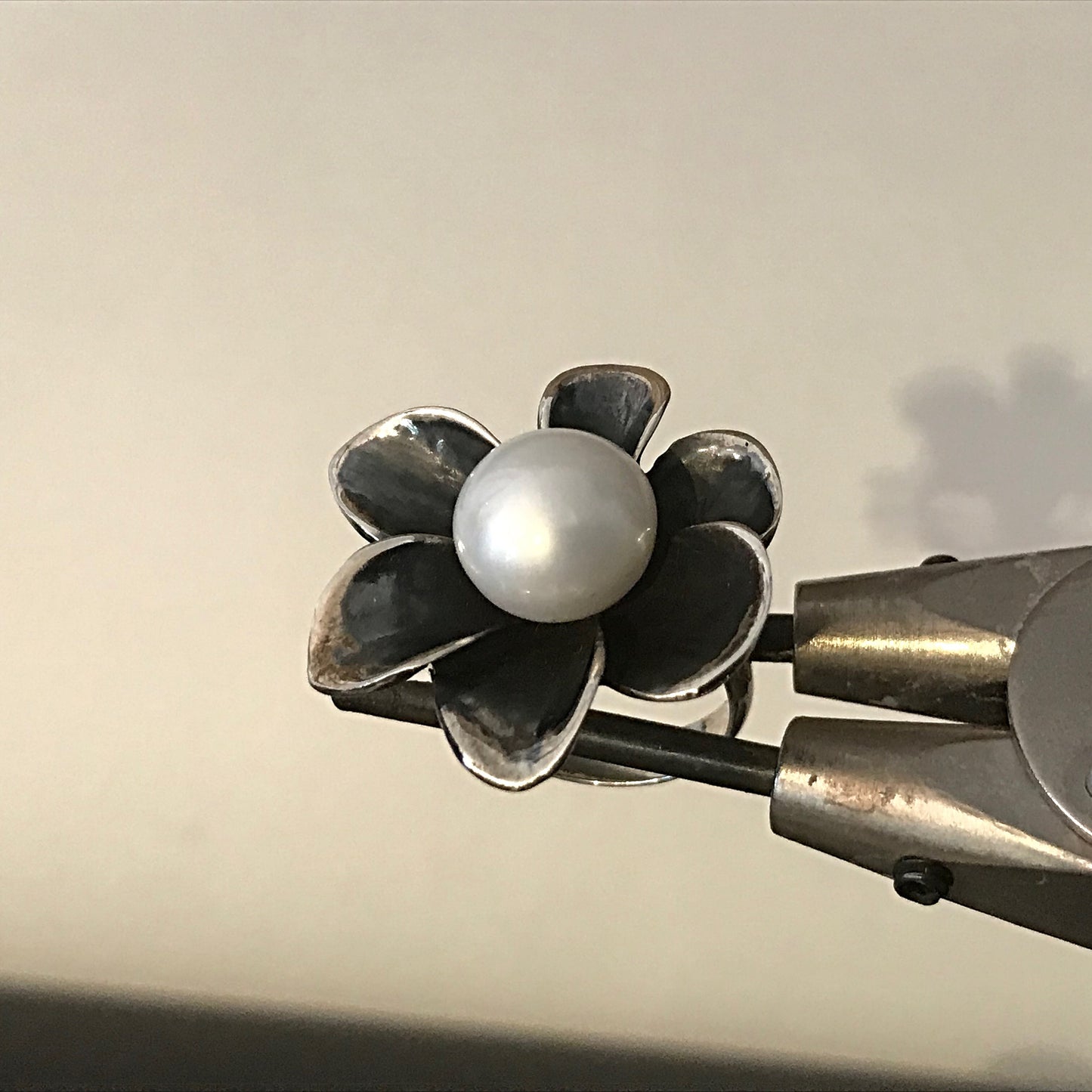 Sterling Silver Flower white genuine pearl  Handmade artisan ring  adjustable