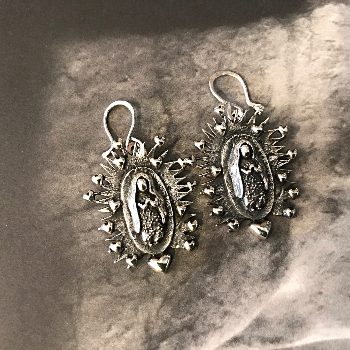Artisan  Handmade Sterling Silver Madonna virgen María Guadalupe dangle  earrings