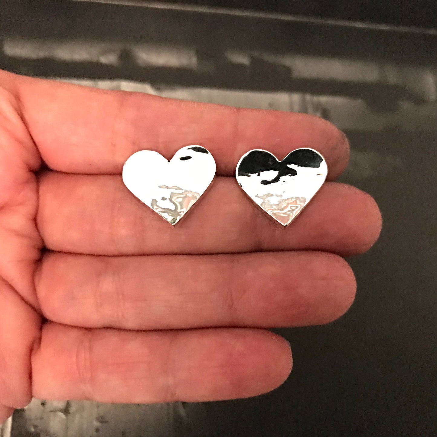 sterling silver high polished modernist hammered 3D heart stud earrings handmade