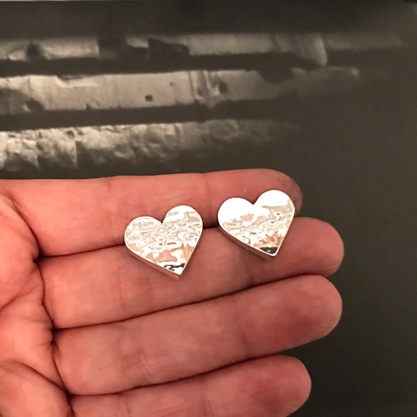 sterling silver high polished modernist hammered 3D heart stud earrings handmade