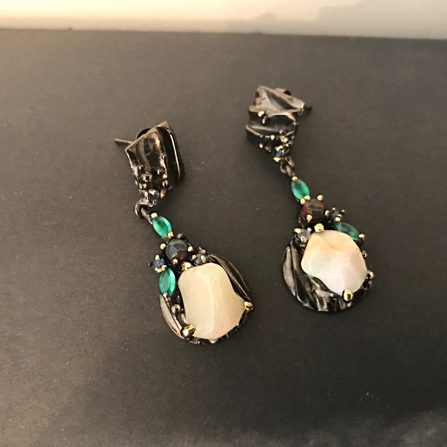 Sterling Silver Natural fire black  Opal amethyst chrome diopside dangle Gemstone  Earrings Jewelry