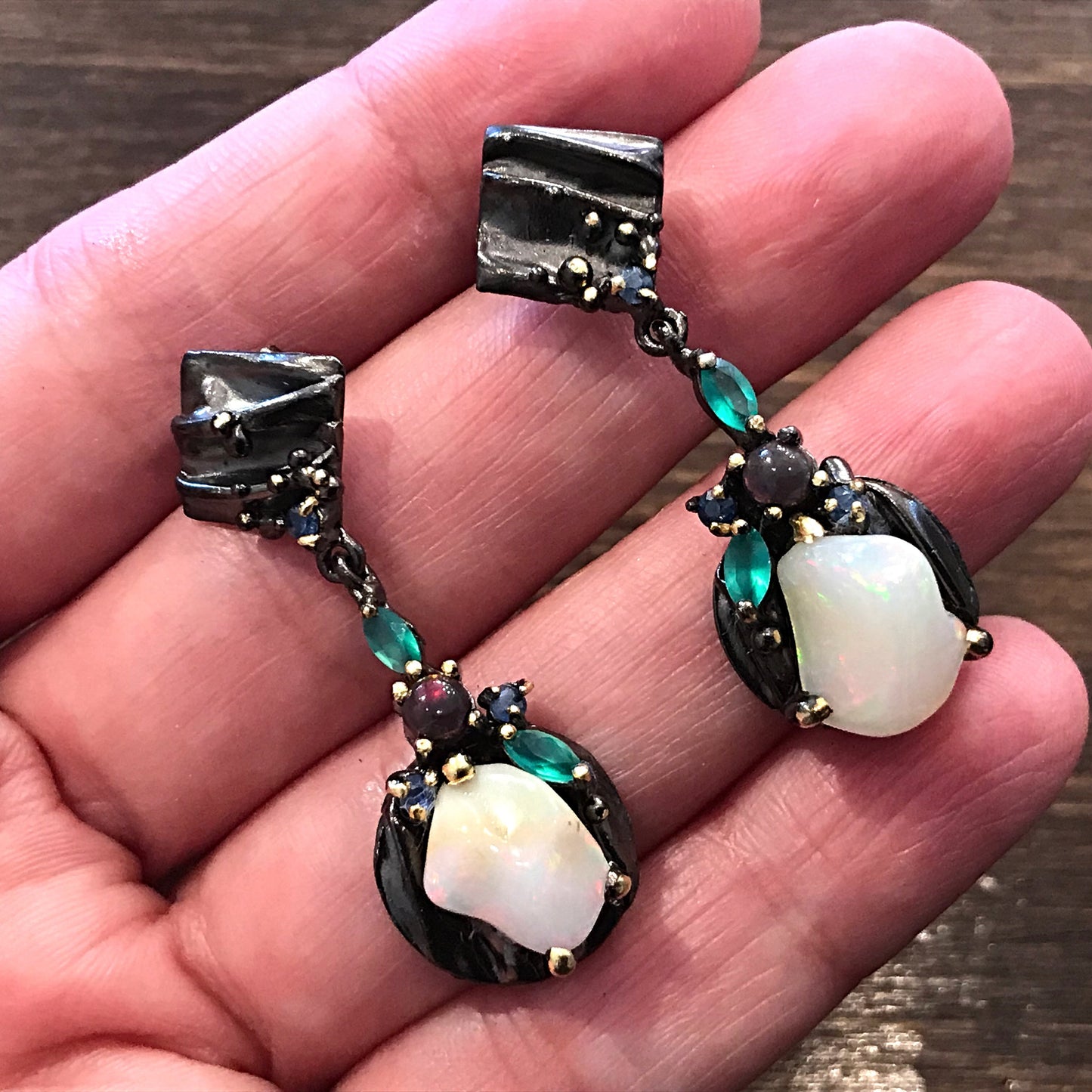 Sterling Silver Natural fire black  Opal amethyst chrome diopside dangle Gemstone  Earrings Jewelry