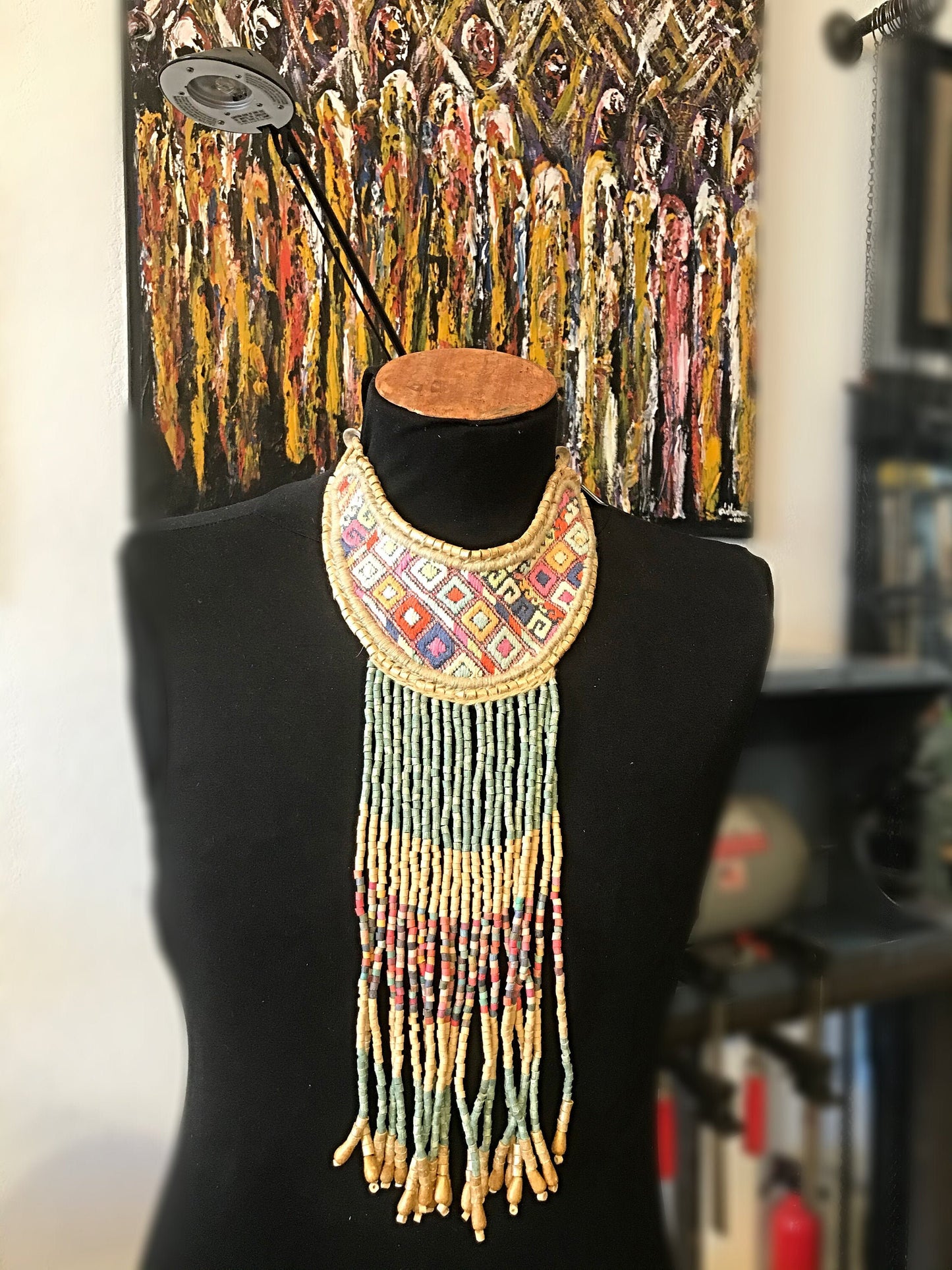 Guipil Textile Runway Statement Green Artisan Studio Long Ethnic Necklace
