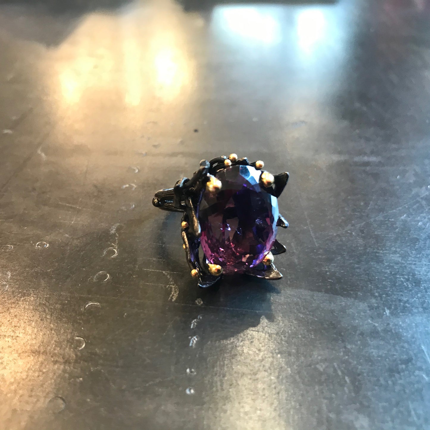 Sterling Silver vintage tulip flower art Statement  Amethyst ring 6