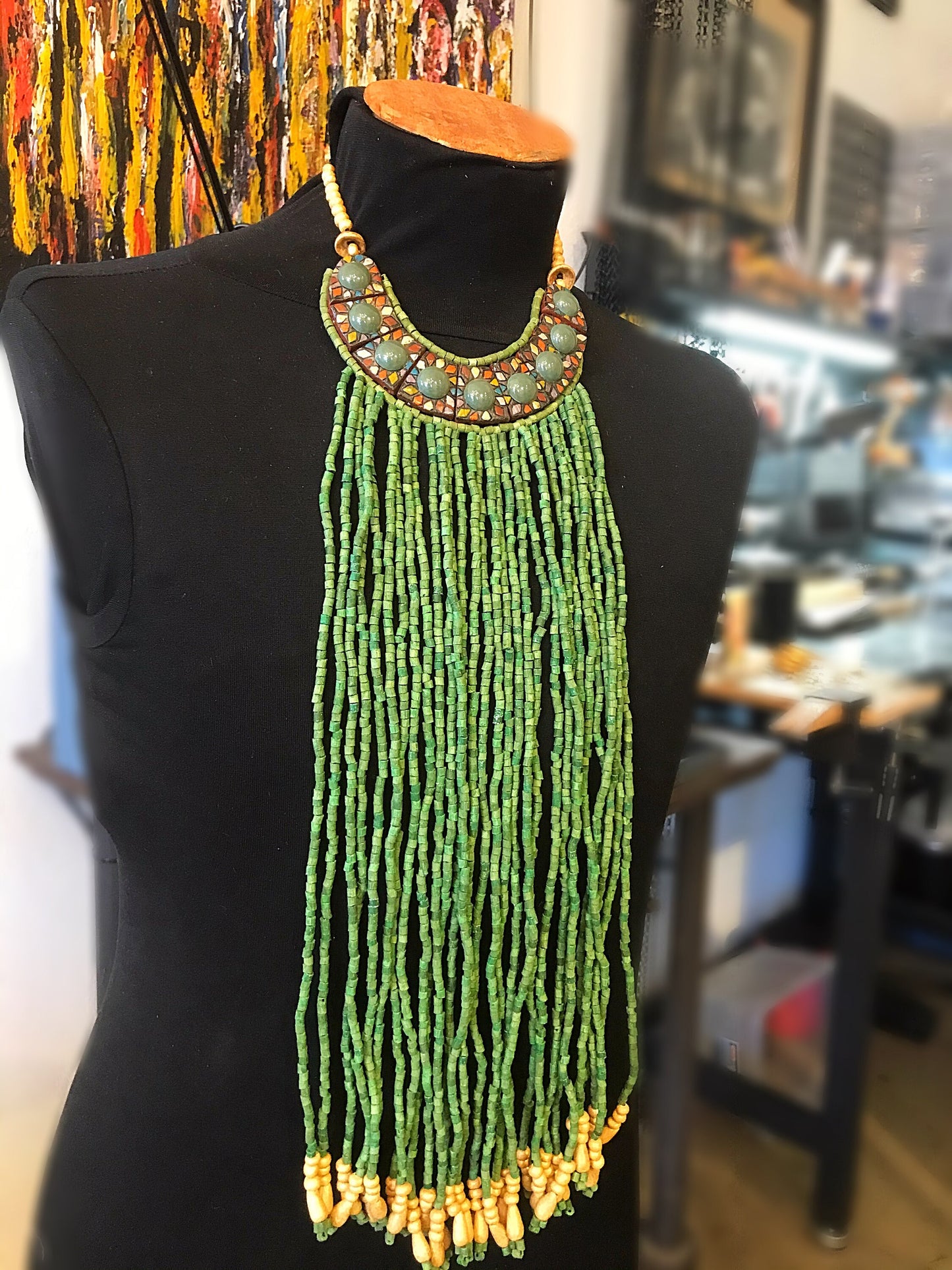 Jade Ceramic Runway Statement Green Artisan Studio Long Ethnic Necklace