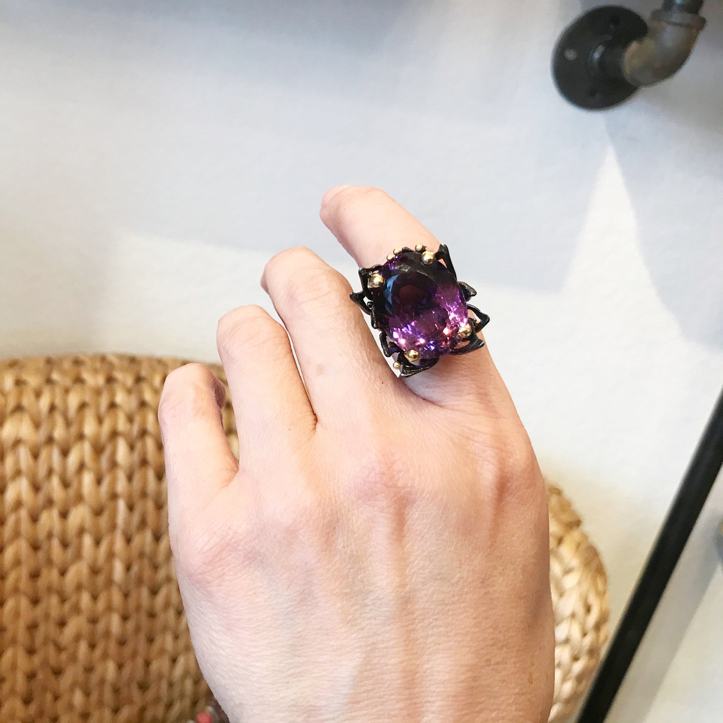 Sterling Silver vintage tulip flower art Statement  Amethyst ring 6