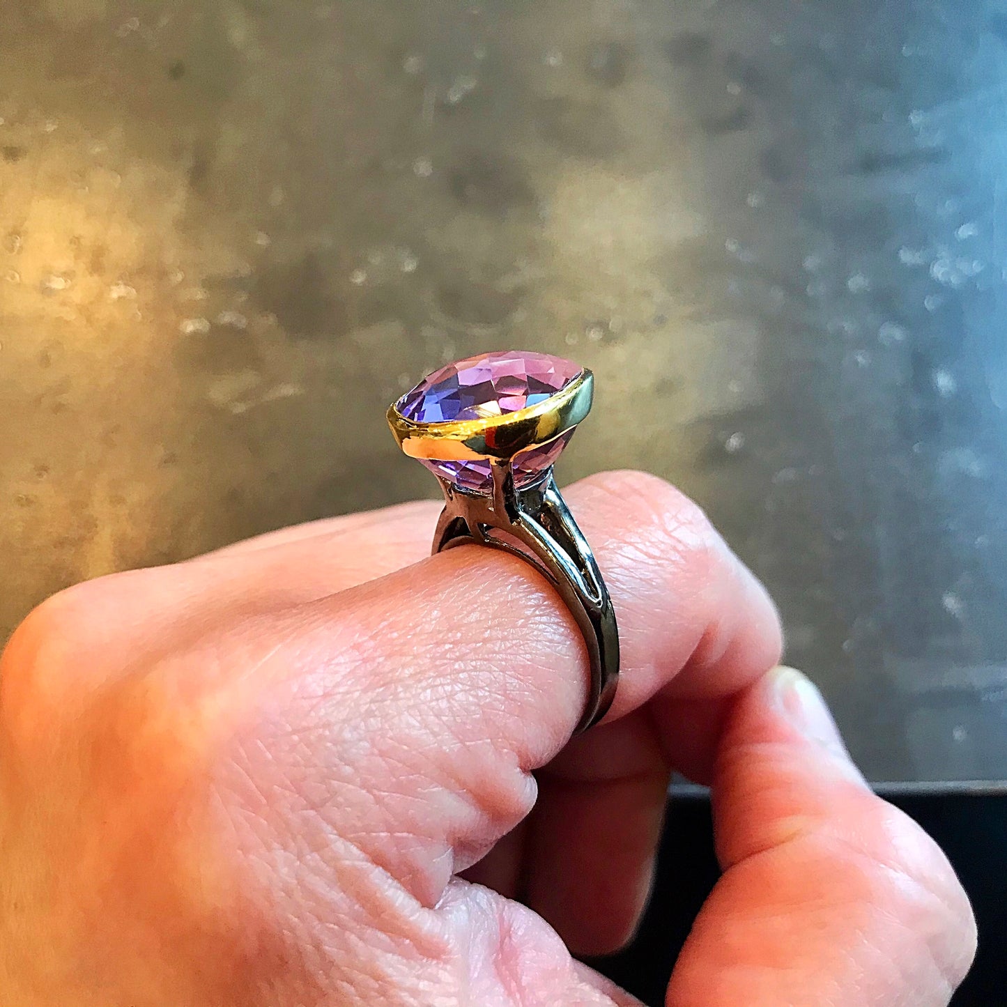 Sterling Silver Modernist abstract Amethyst Statement Big Gemstone ring handmade 7.5