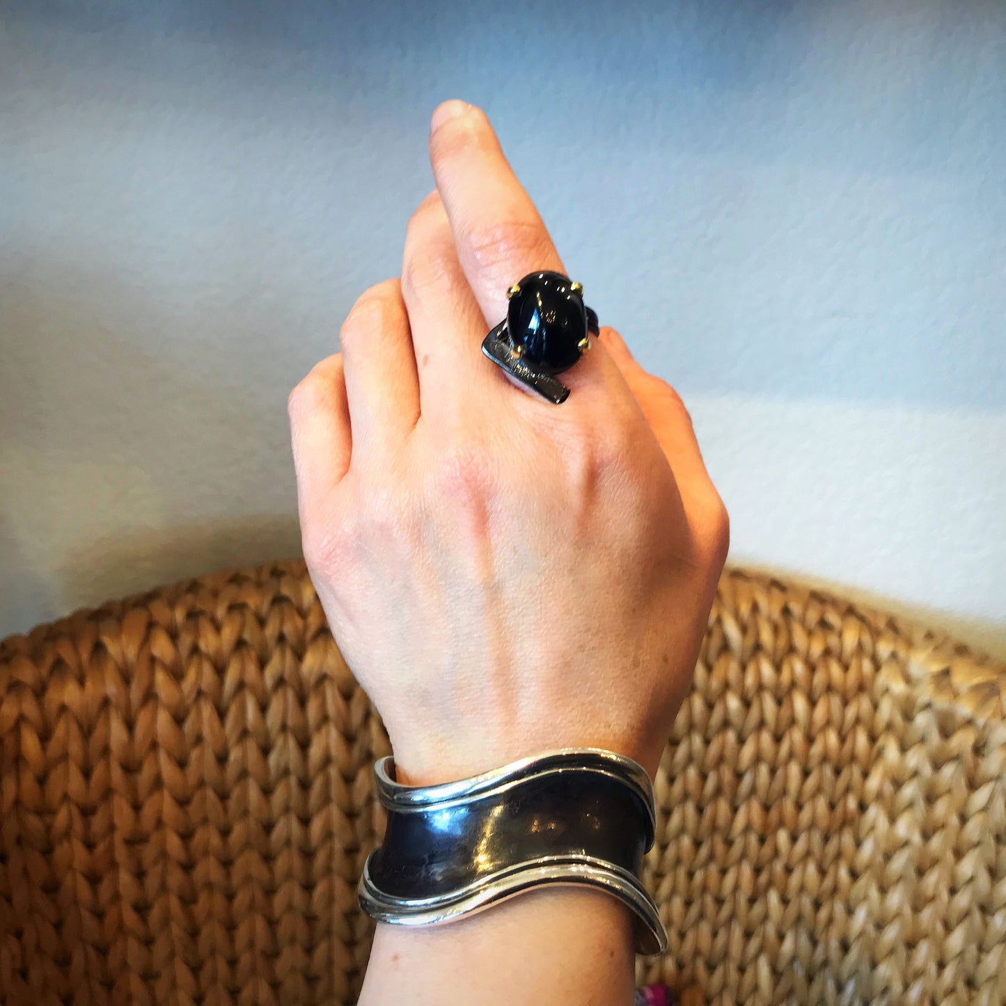 Sterling Silver Huge Modernist Abstract Black Spinel  artisan ring handmade 8