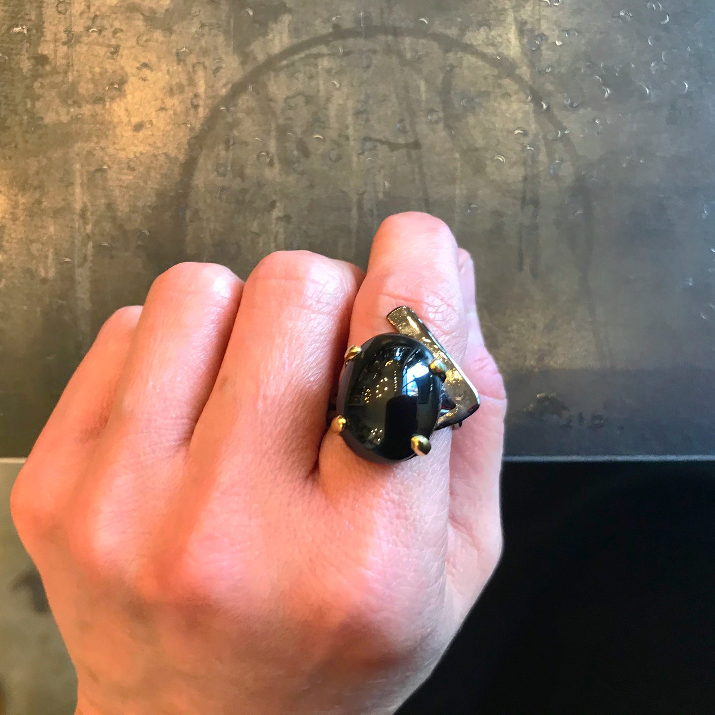 Sterling Silver Huge Modernist Abstract Black Spinel  artisan ring handmade 8