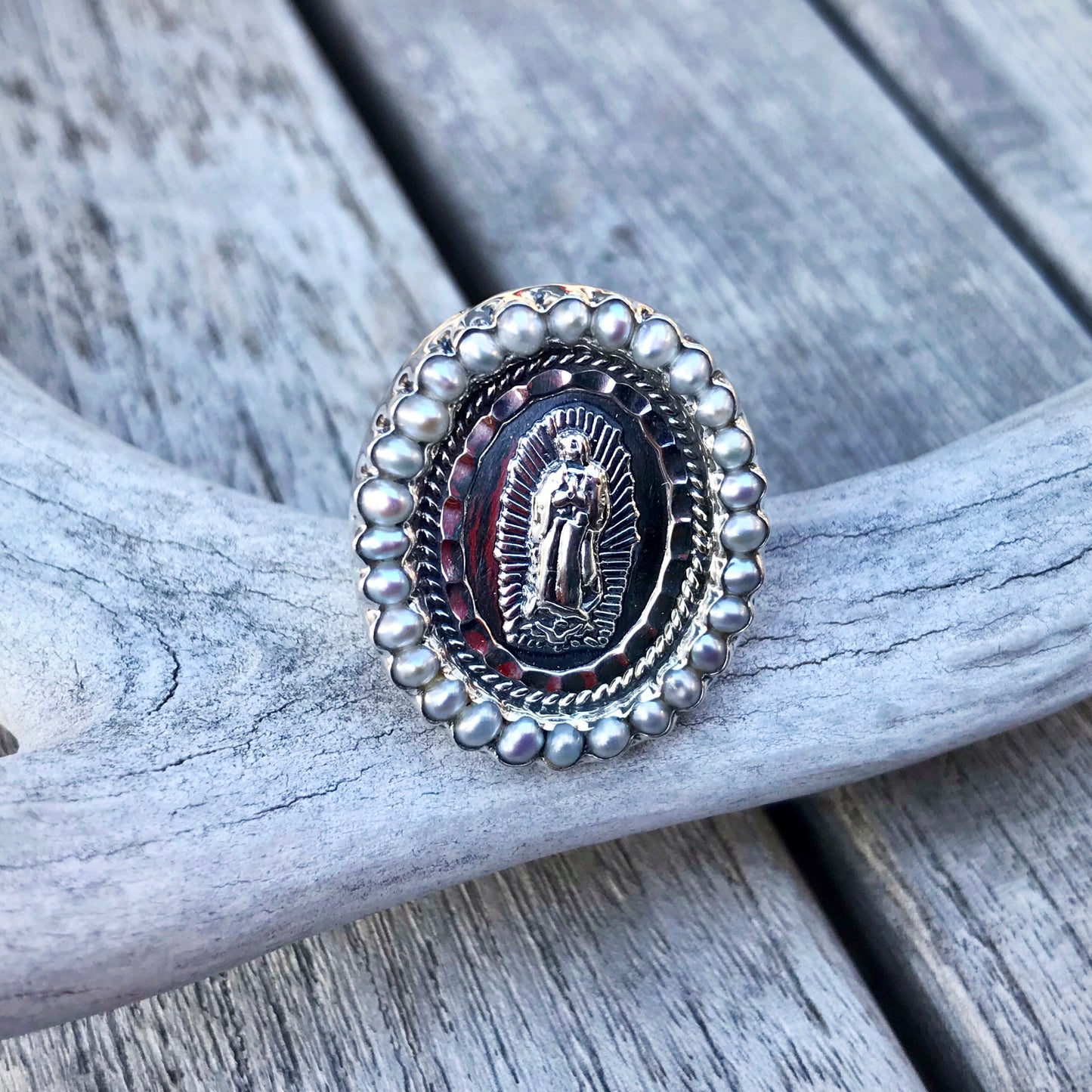 Handmade Sterling Silver statement genuine pearl Madonna ring Virgen Guadalupe adjustable ring