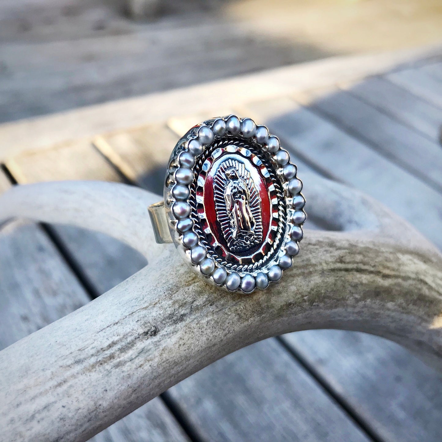 Handmade Sterling Silver statement genuine pearl Madonna ring Virgen Guadalupe adjustable ring