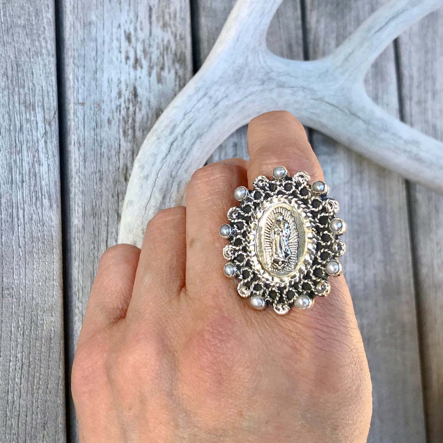 Sterling Silver statement  pearl Madonna ring Virgen Guadalupe  ring