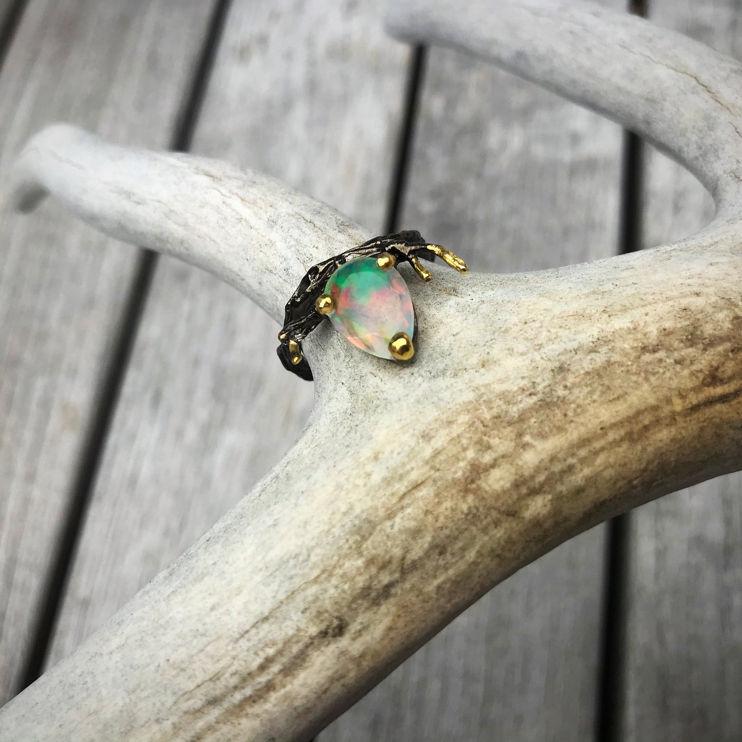 Genuine Natural Facet opal Branch organic abstract  Sterling Silver artisan statement Ring 7