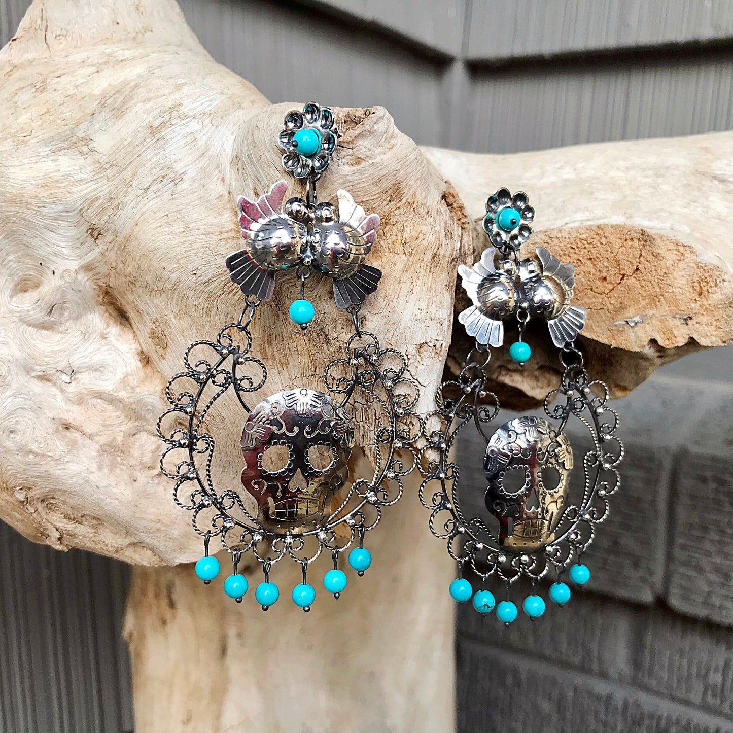 sterling silver Genuine Turquoise Skull Katrina Filigree long Statement Earrings Artisan Handmade Frida Kahlo Love birds