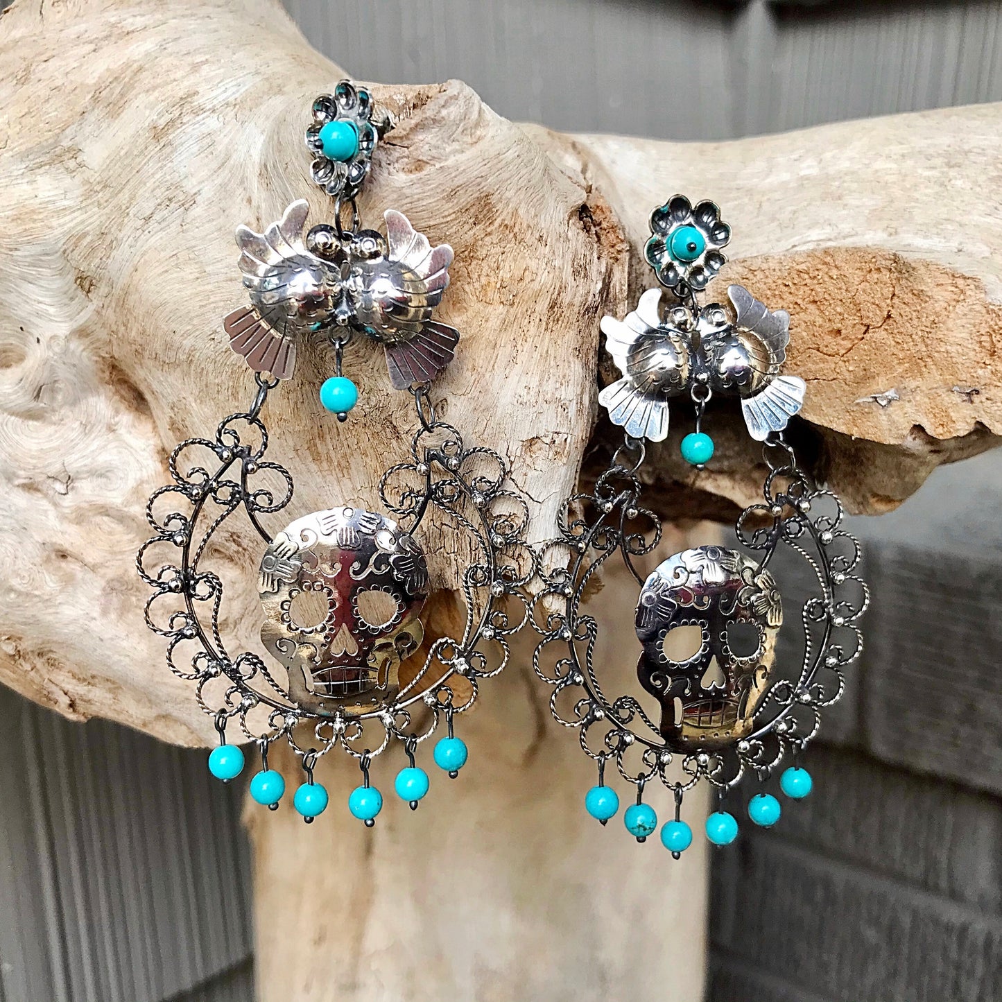 sterling silver Genuine Turquoise Skull Katrina Filigree long Statement Earrings Artisan Handmade Frida Kahlo Love birds