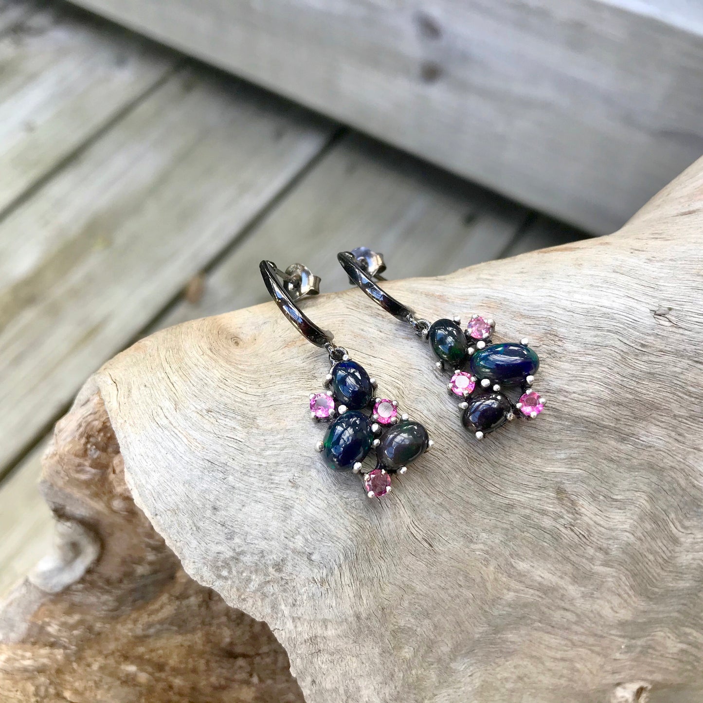 Sterling Silver Rainbow Natural black Opal tourmaline  small stud  Dangle handmade earrings