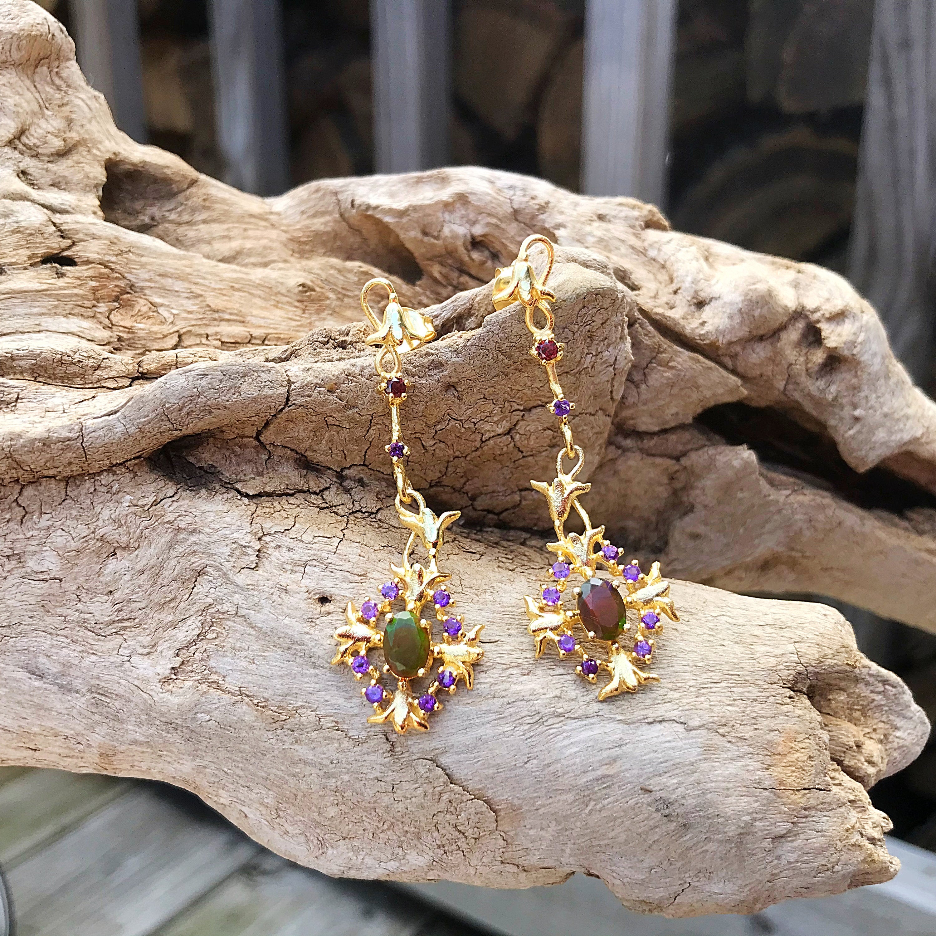 Sterling Silver Amethyst Natural Orange Opal Gold Modernist Art Deco Dangle Handmade Earrings