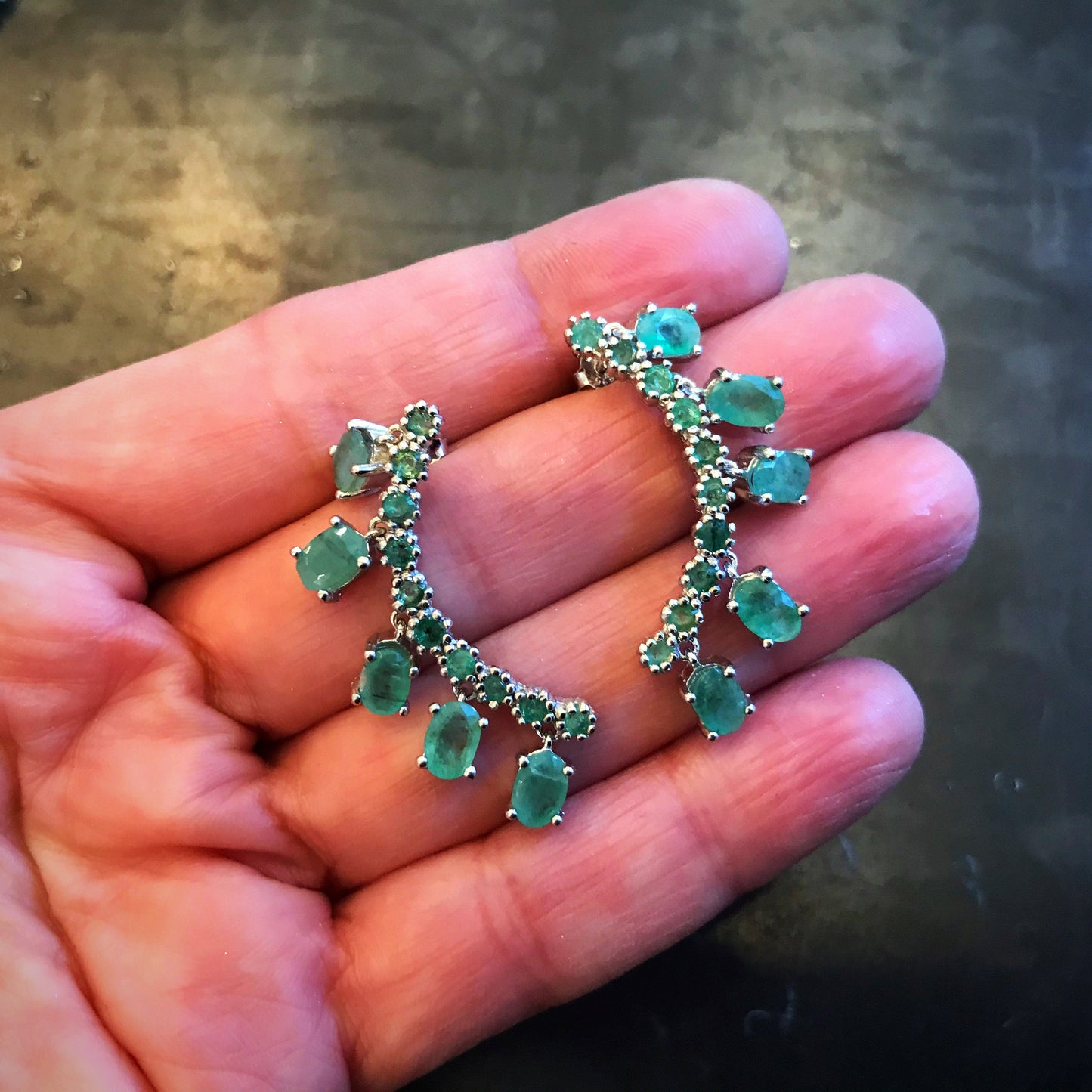 sterling silver Green emeralds stud  dangle Artisan handmade earrings