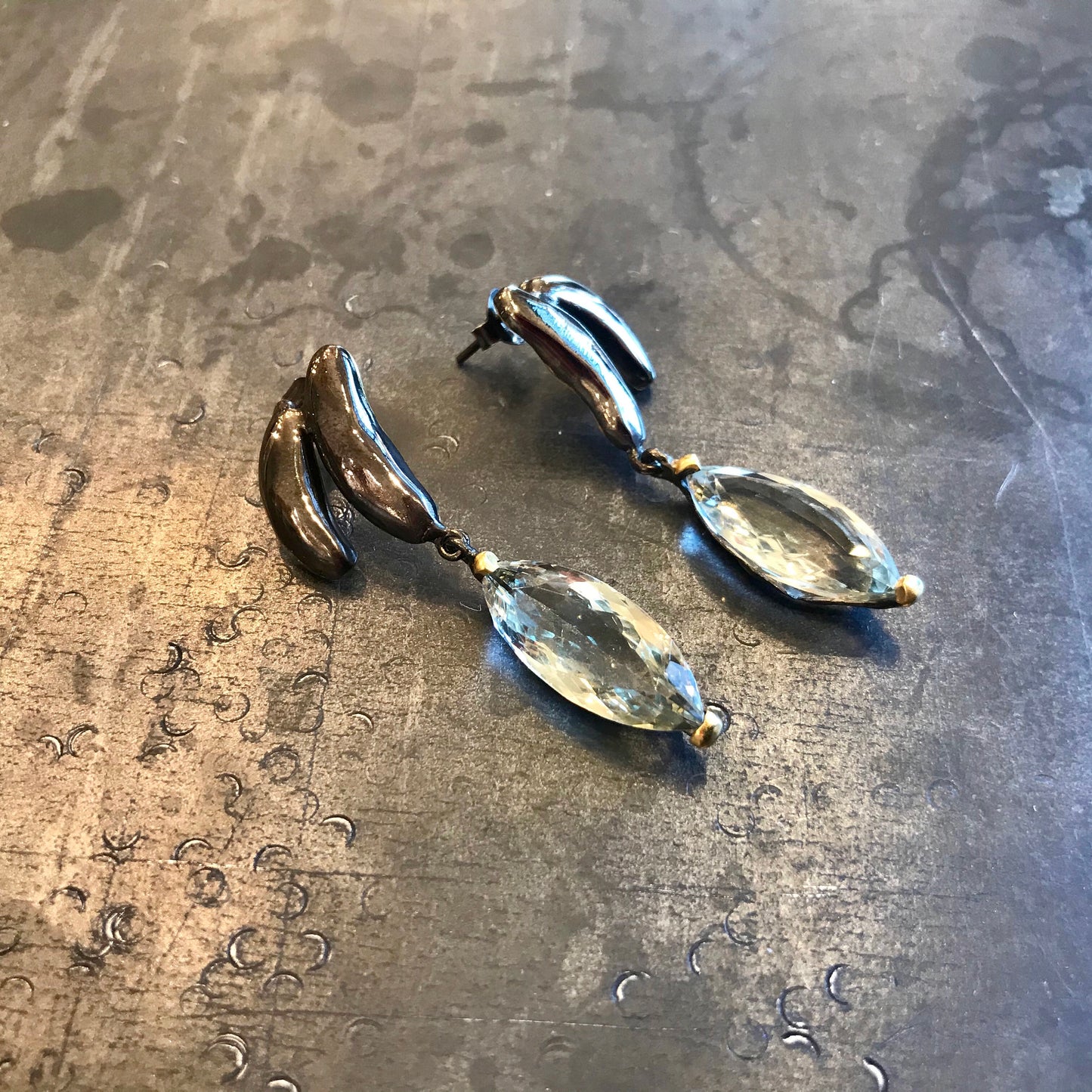 Sterling Silver green amethyst Dangle long abstract  handmade  Gemstone  Earrings Jewelry