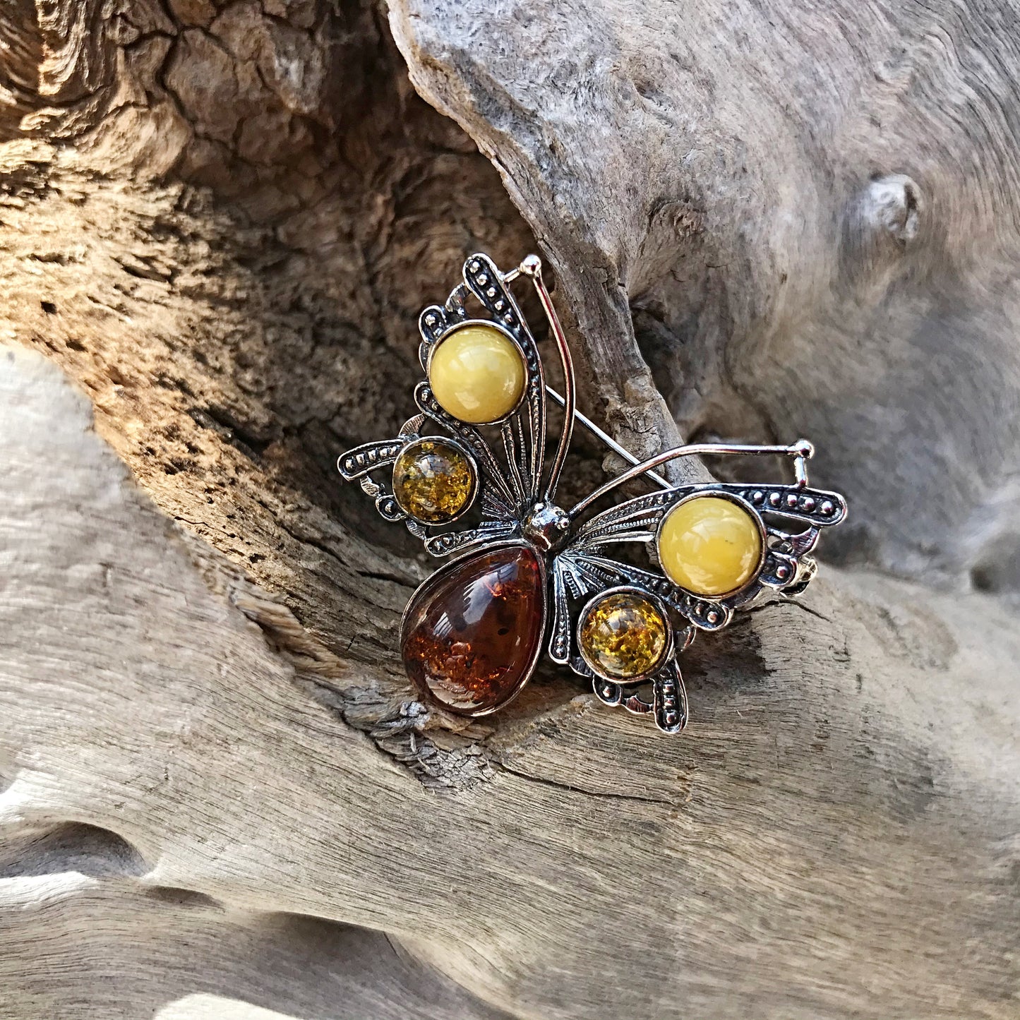 Sterling Silver Amber butterfly Vintage brooch pin collectible jewelry necklace